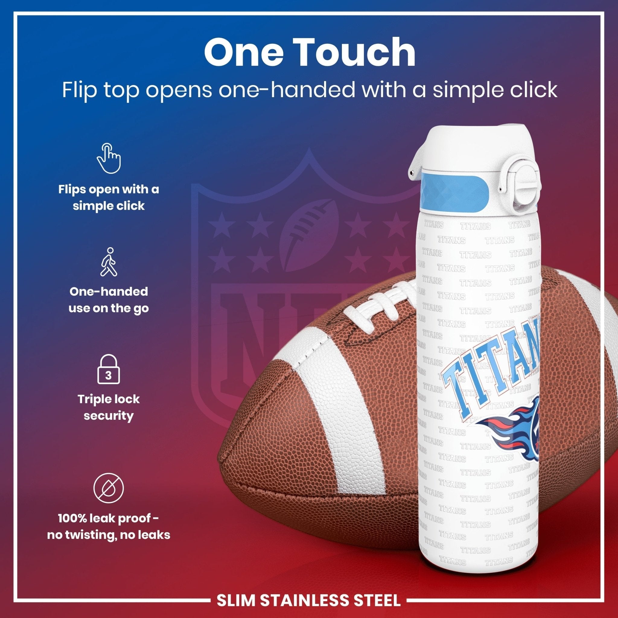 Ion8 stainless steel NFL water bottle featuring Tennessee Titans logo, leak-proof design, 600ml capacity, durable sports water bottle.