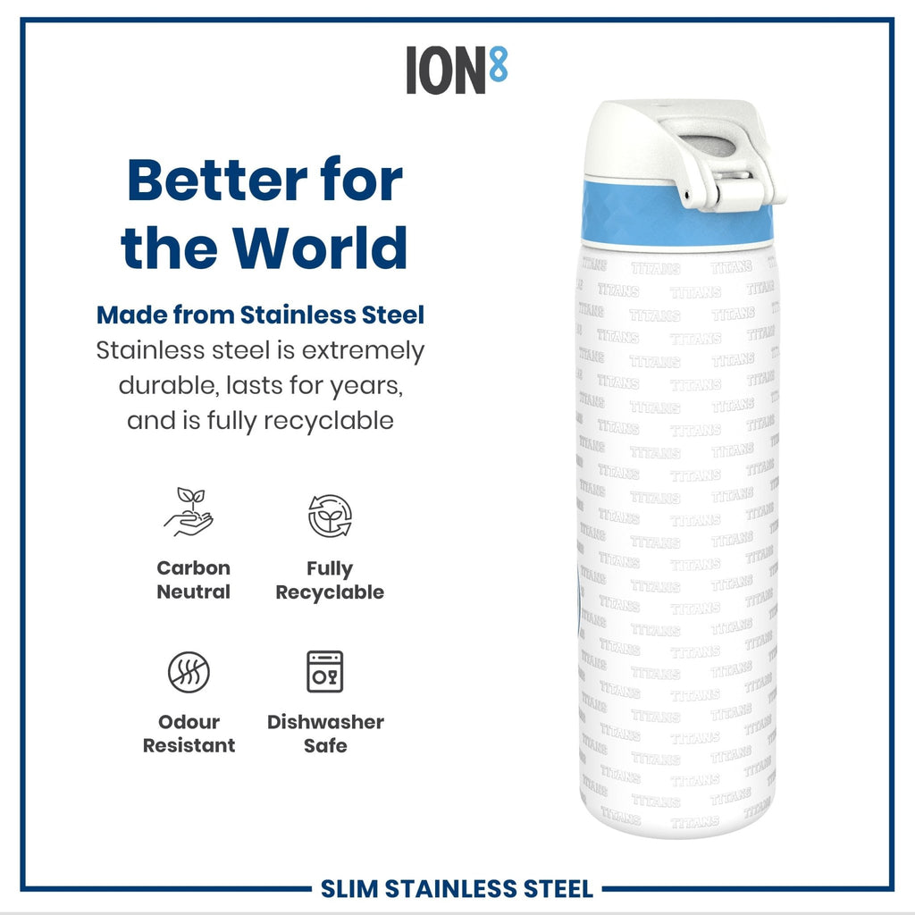 Ion8 leak-proof stainless steel NFL water bottle featuring Tennessee Titans logo, 600ml (20oz) capacity, durable and stylish.
