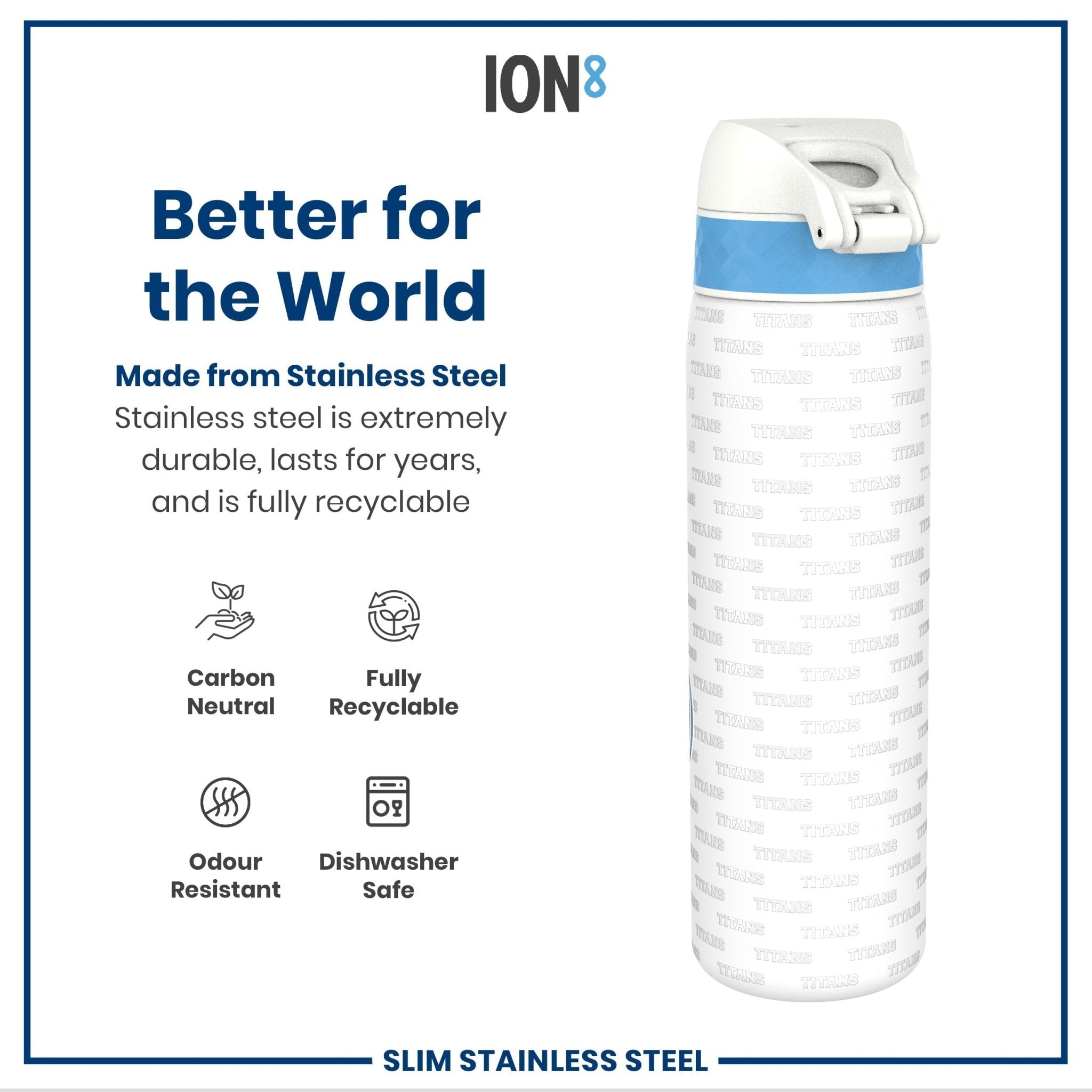 Ion8 leak-proof stainless steel NFL water bottle featuring Tennessee Titans logo, 600ml (20oz) capacity, durable and stylish.
