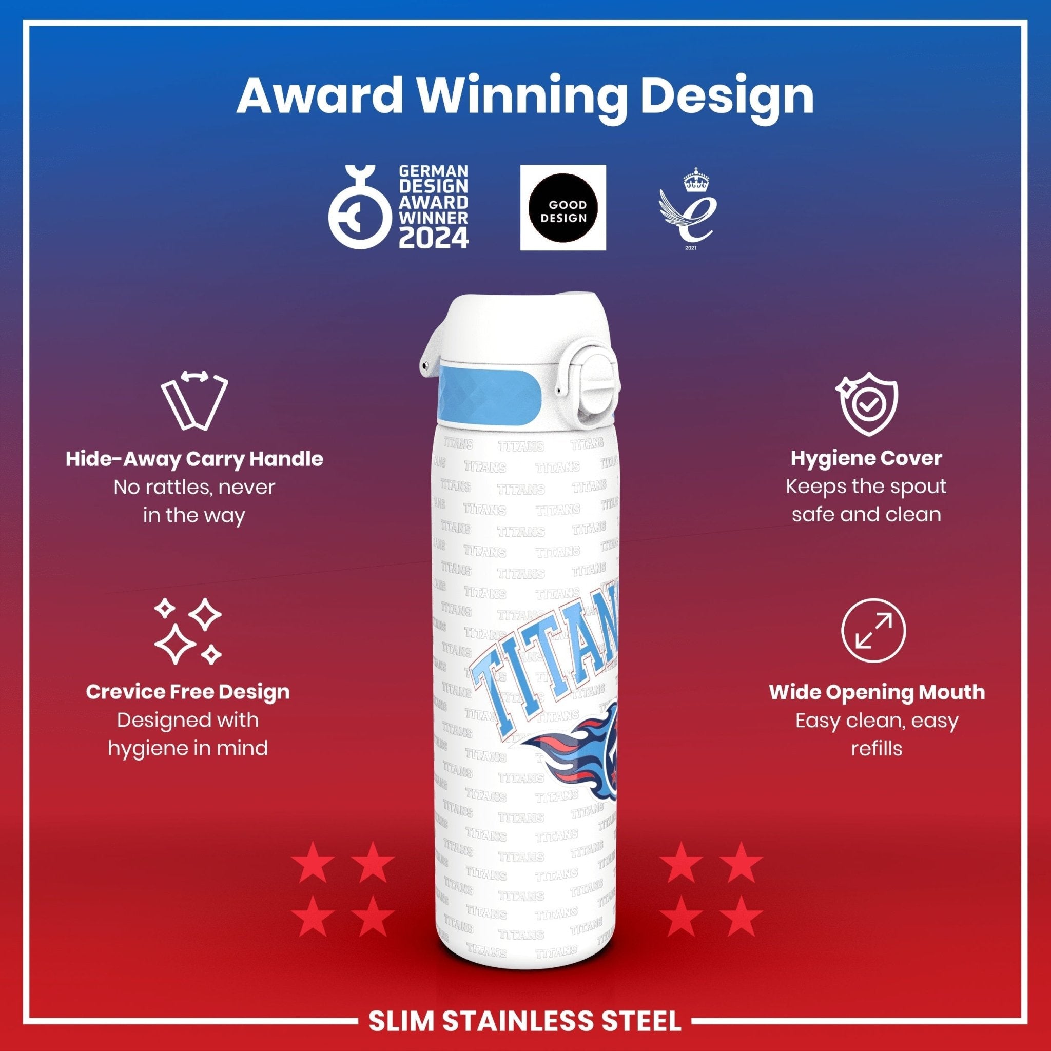 Ion8 stainless steel NFL water bottle featuring Tennessee Titans logo, leak-proof design, 600ml capacity, sports water bottle.