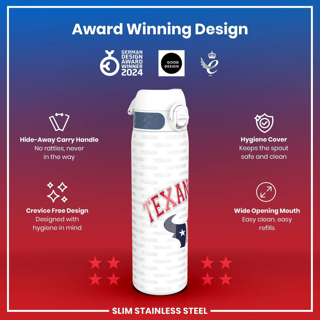 ION8 stainless steel NFL water bottle featuring Houston Texans logo, leak-proof design, 600ml (20oz) capacity.