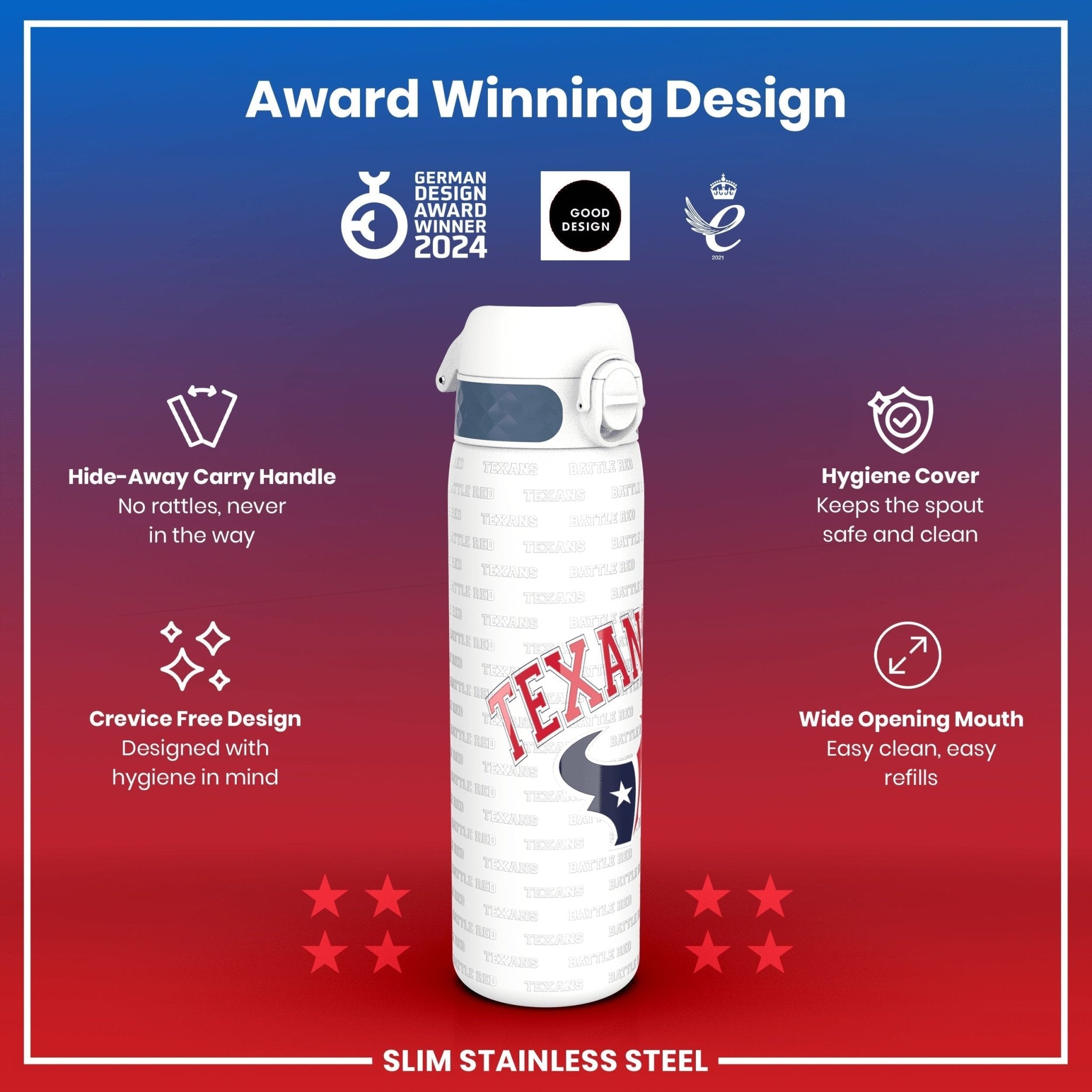 ION8 stainless steel NFL water bottle featuring Houston Texans logo, leak-proof design, 600ml (20oz) capacity.