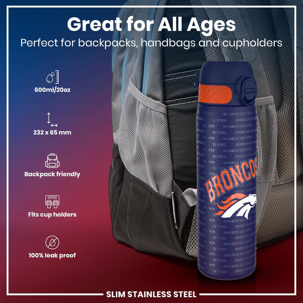 ION8 stainless steel NFL water bottle featuring Denver Broncos logo, leak-proof 600ml (20oz) sports drink container.