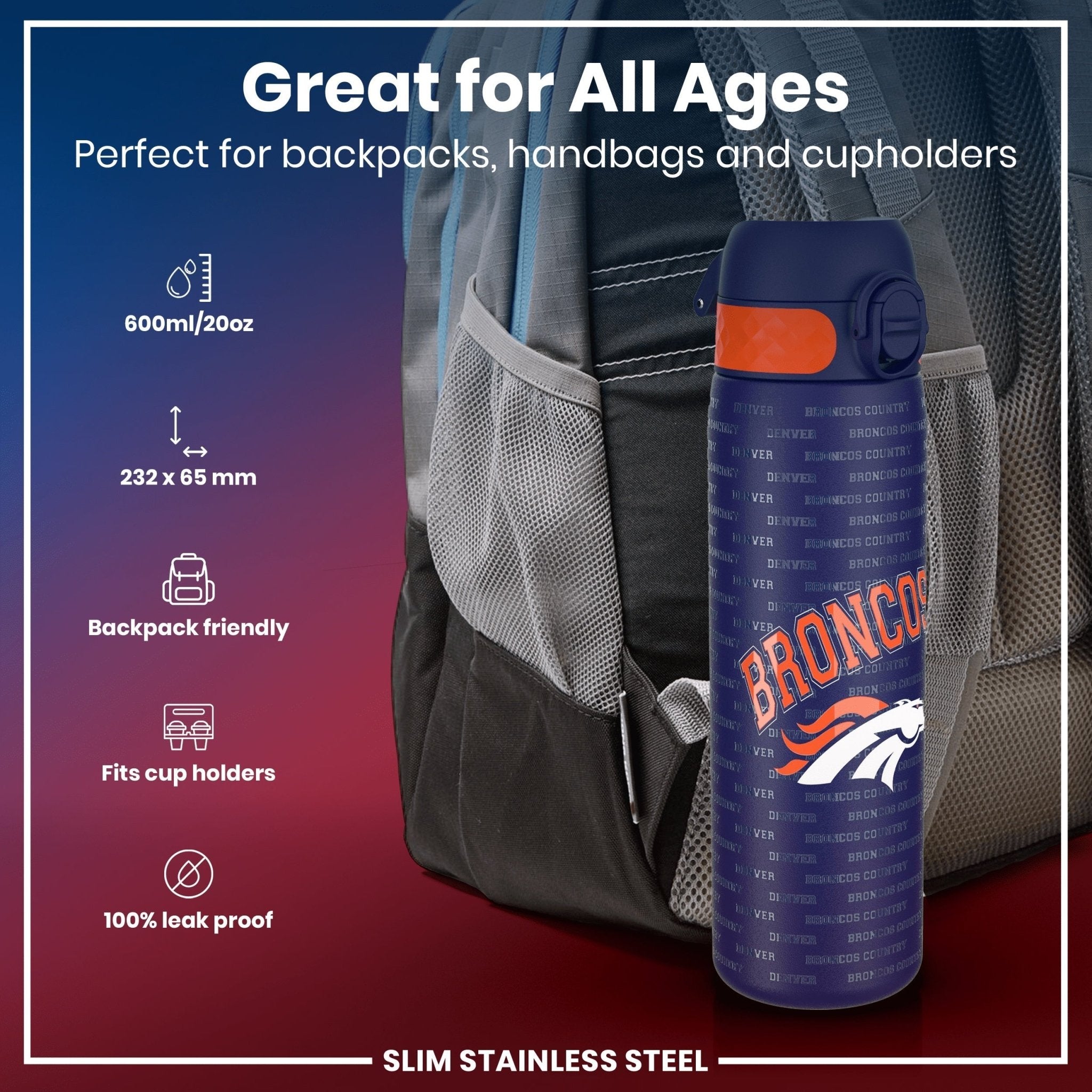 ION8 stainless steel NFL water bottle featuring Denver Broncos logo, leak-proof 600ml (20oz) sports drink container.