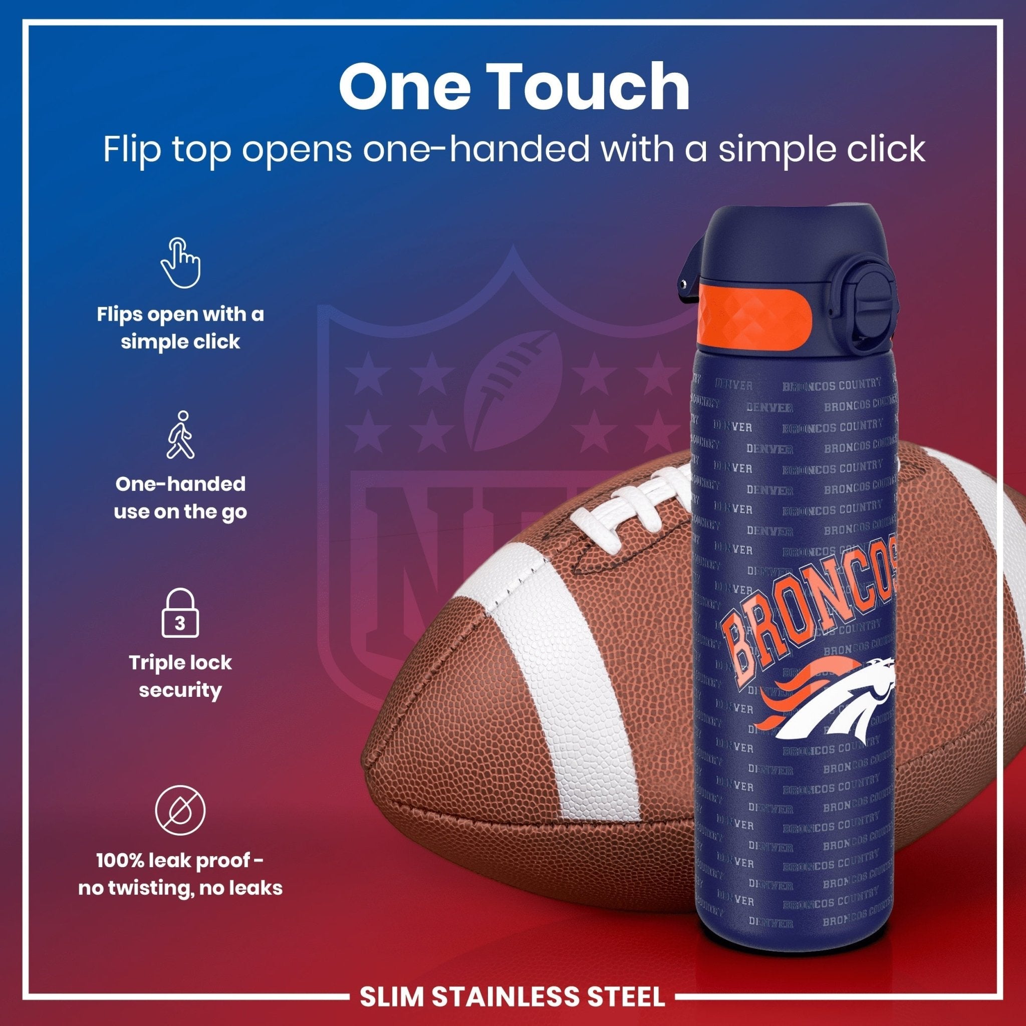 Ion8 stainless steel leak-proof NFL water bottle featuring Denver Broncos logo, 600ml capacity, durable sports water bottle.