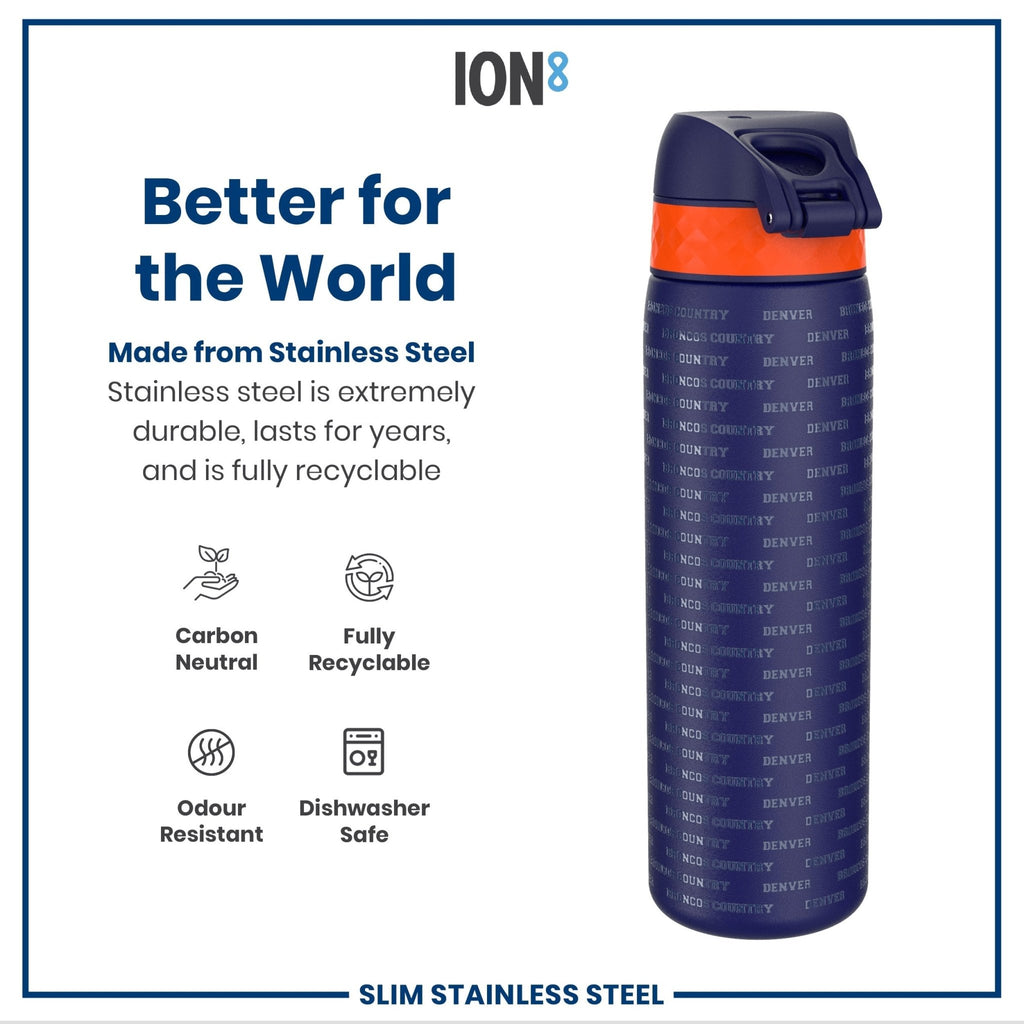 ION8 stainless steel NFL water bottle featuring Denver Broncos logo, leak-proof design, 600ml capacity, ideal for sports and outdoor use.