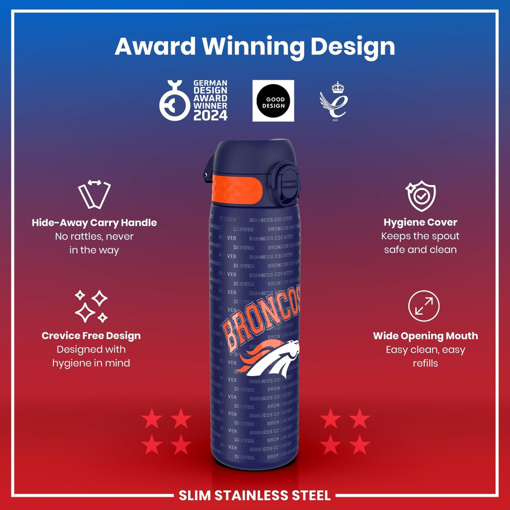 Stainless steel NFL water bottle featuring Denver Broncos logo, 600ml capacity, leak-proof design by ION8