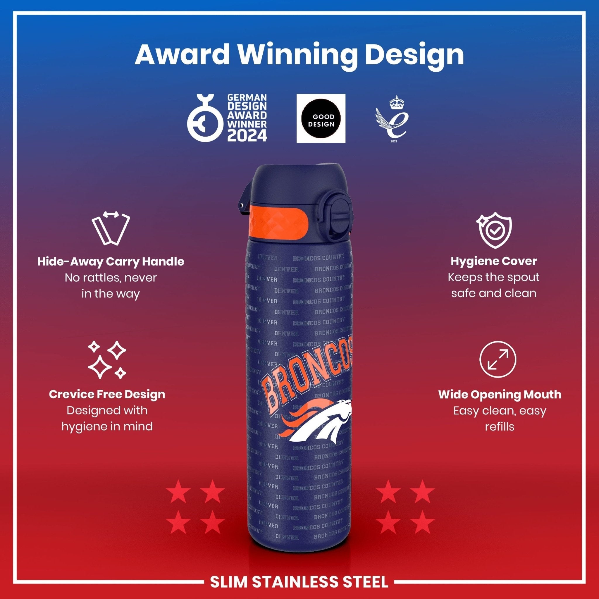 Stainless steel NFL water bottle featuring Denver Broncos logo, 600ml capacity, leak-proof design by ION8