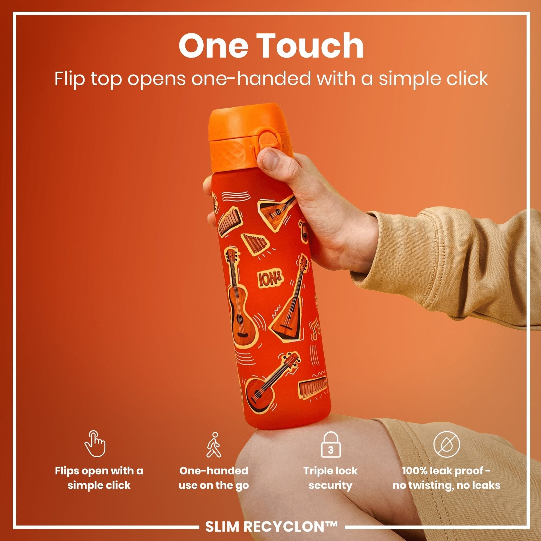 Ion8 Recyclon leak-proof slim water bottle, 500ml, with a music-themed design, made of recyclable materials, shown with a secure lid.