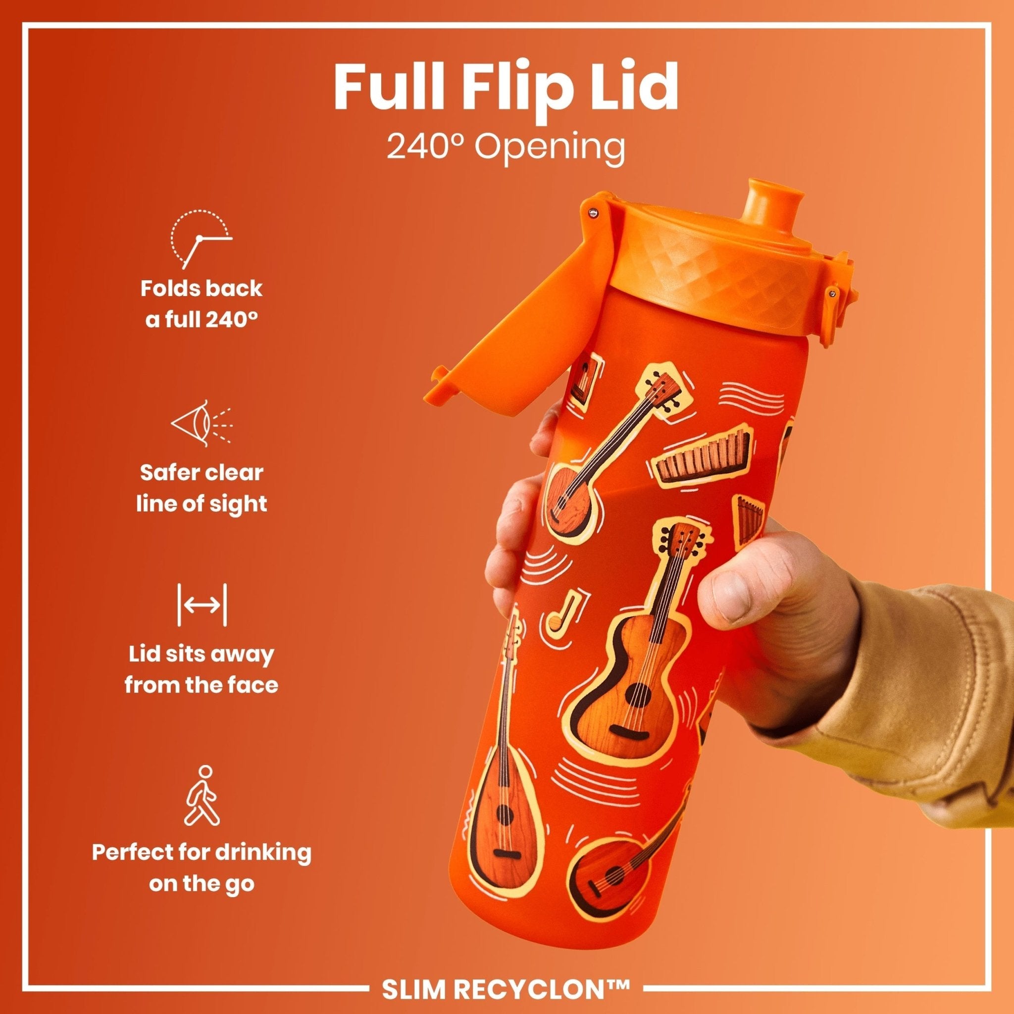 Ion8 Leak Proof Slim Water Bottle, 500ml Recyclon water bottle with music design, made of durable, eco-friendly material.