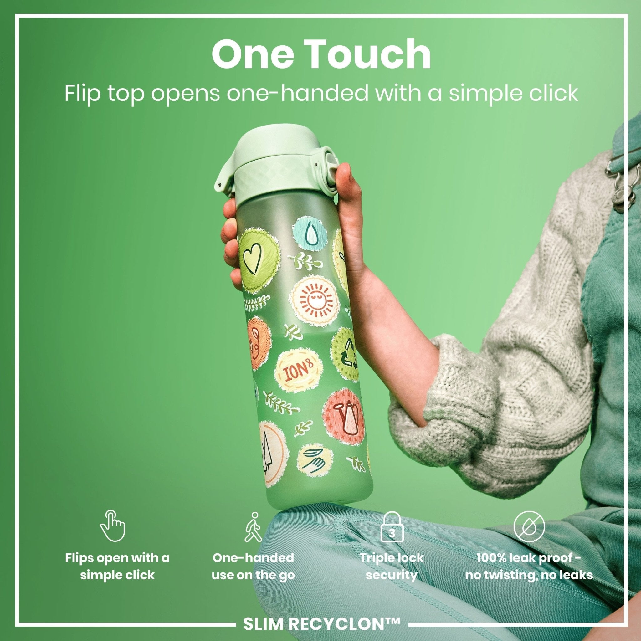 Recyclon Leak Proof Slim Water Bottle by ION8, 500ml eco-friendly reusable water bottle with a secure screw cap, shown in black.