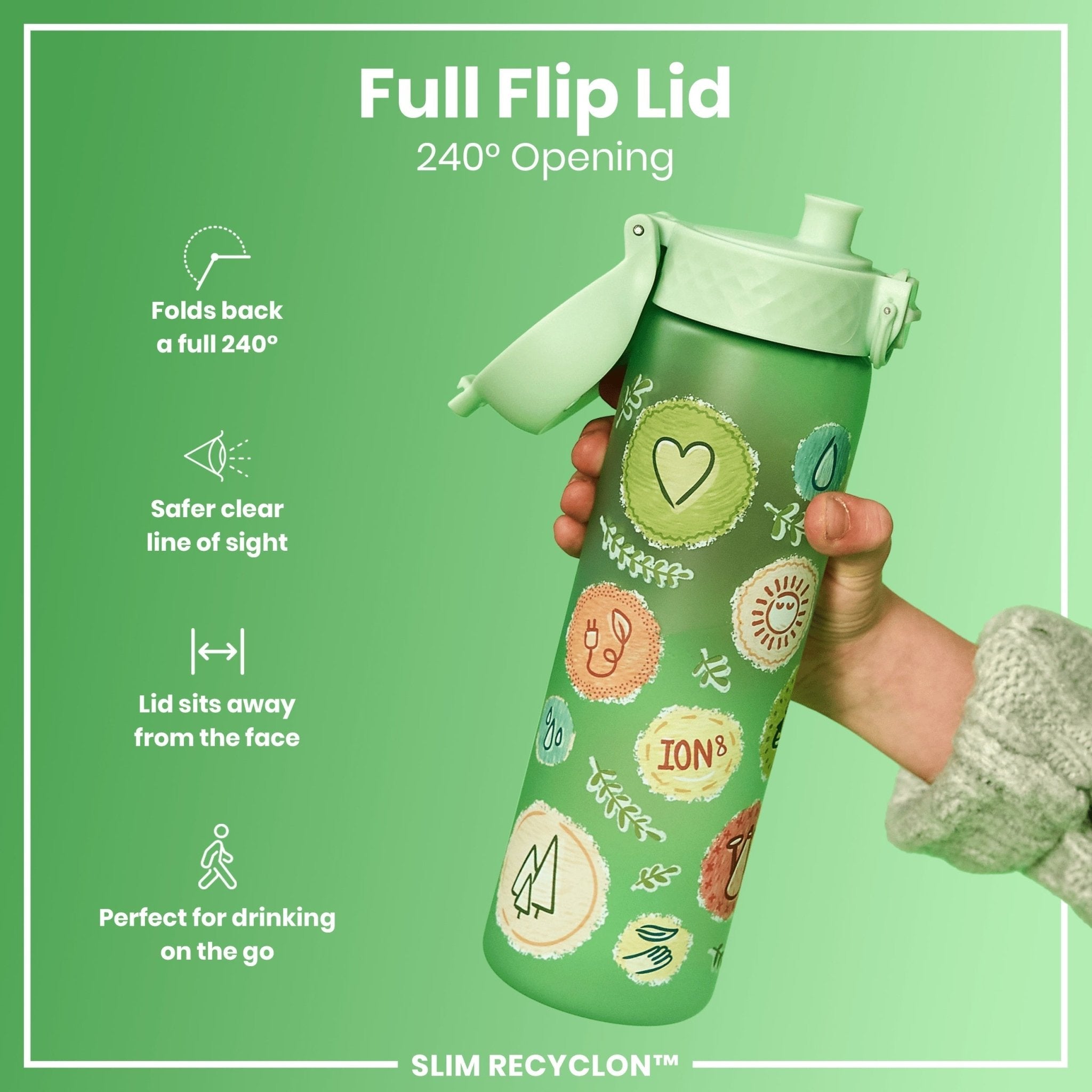 ION8 Recyclon leak-proof slim water bottle, 500ml eco-friendly reusable water bottle with secure lid and sleek design.
