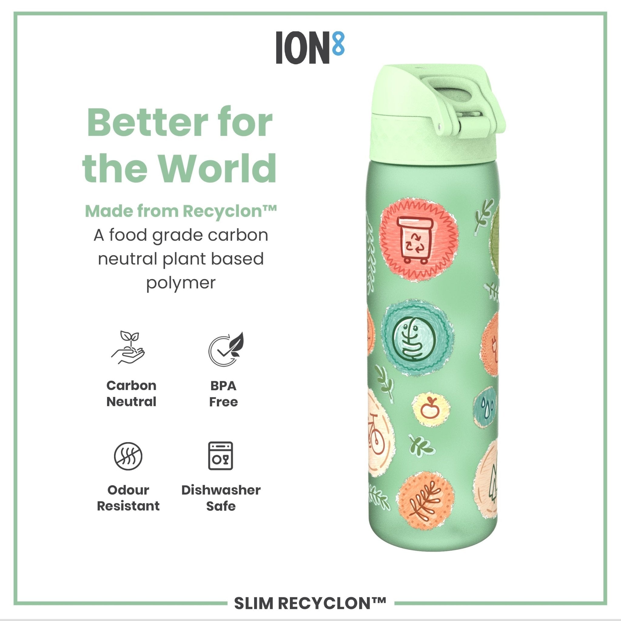 Recyclon Leak Proof Slim Water Bottle by ION8, 500ml eco-friendly reusable water bottle with secure lid and sleek design.