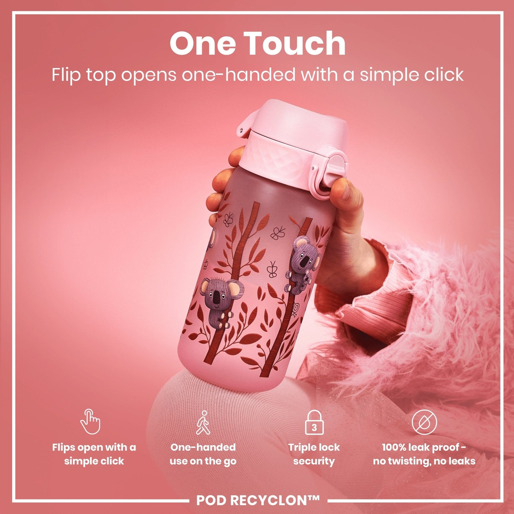ION8 Recyclon leak-proof kids water bottle with koala design, 350ml capacity, durable and eco-friendly reusable water bottle.