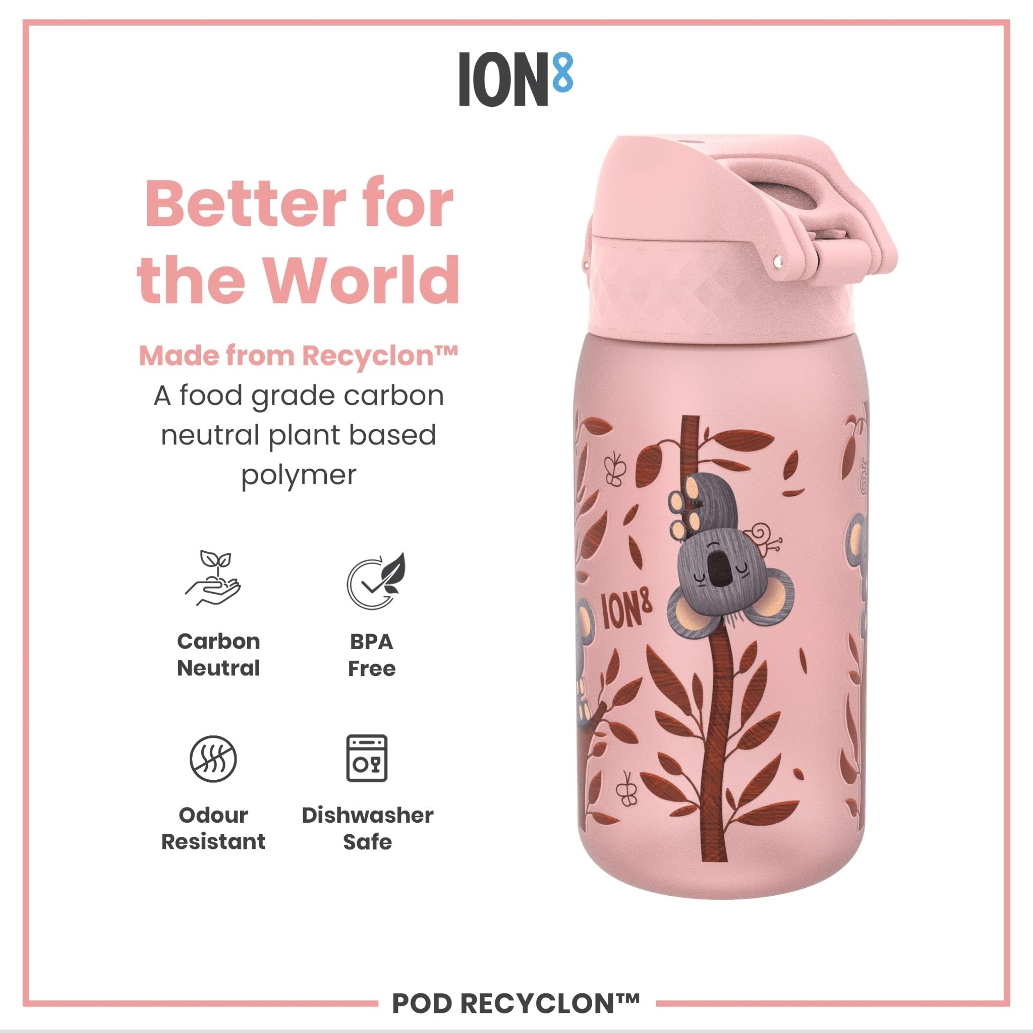 Recyclon leak-proof kids water bottle by ION8 with koala design, 350ml capacity, made from recyclable materials.