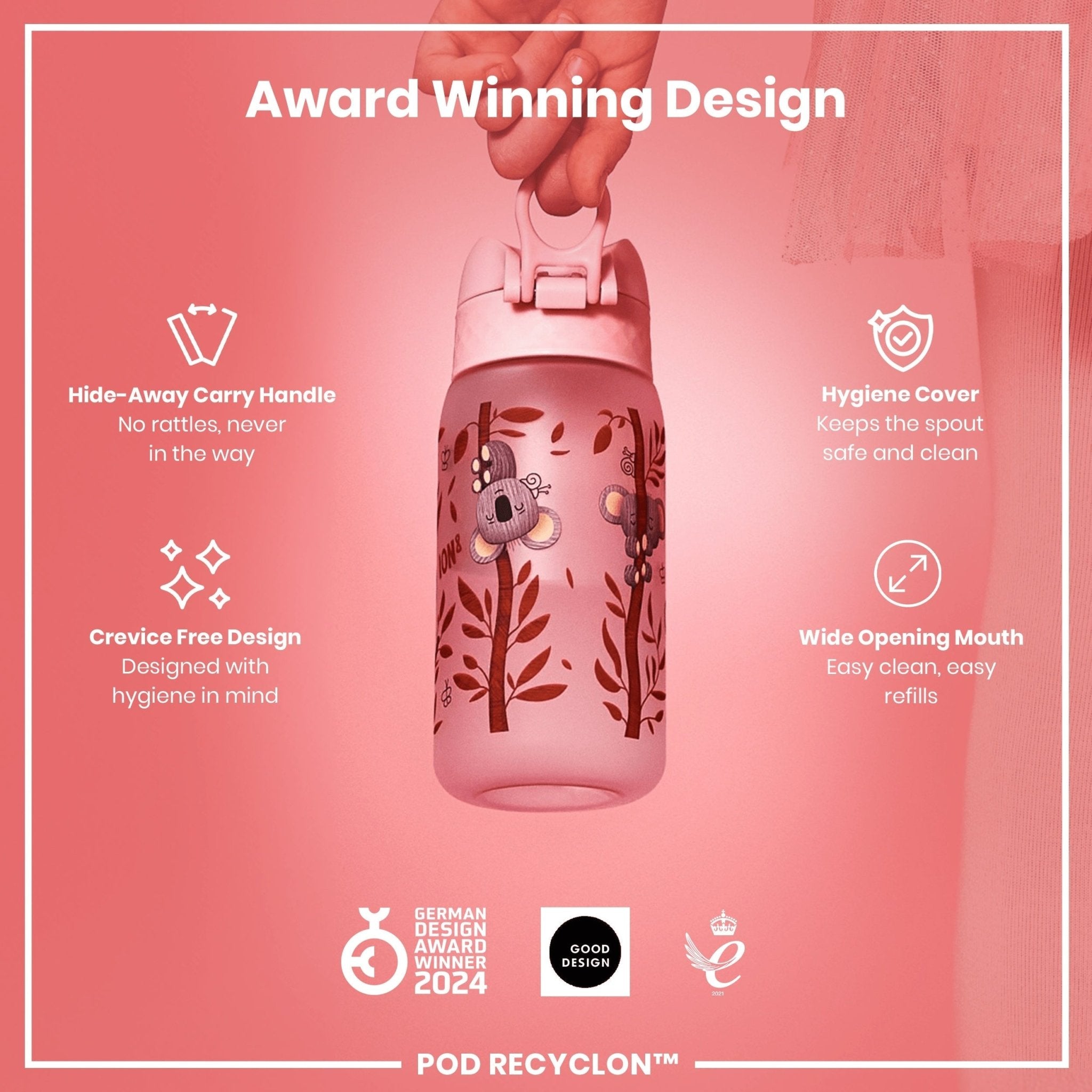 ION8 Recyclon leak-proof kids water bottle with koala design, 350ml (12oz) recyclable water bottle for children.