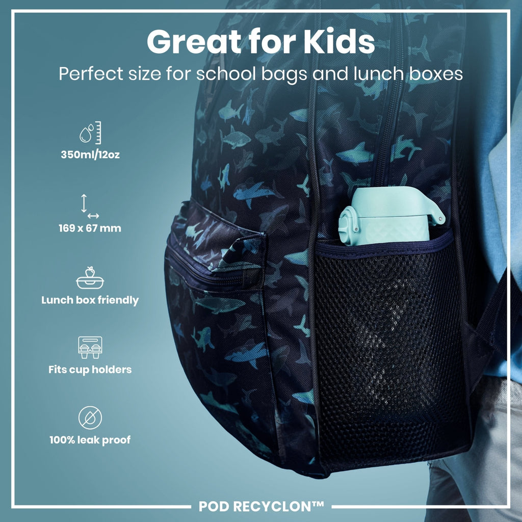 Recyclon kids water bottle by ION8 with crocodile design, 350ml leak-proof reusable water bottle for children.