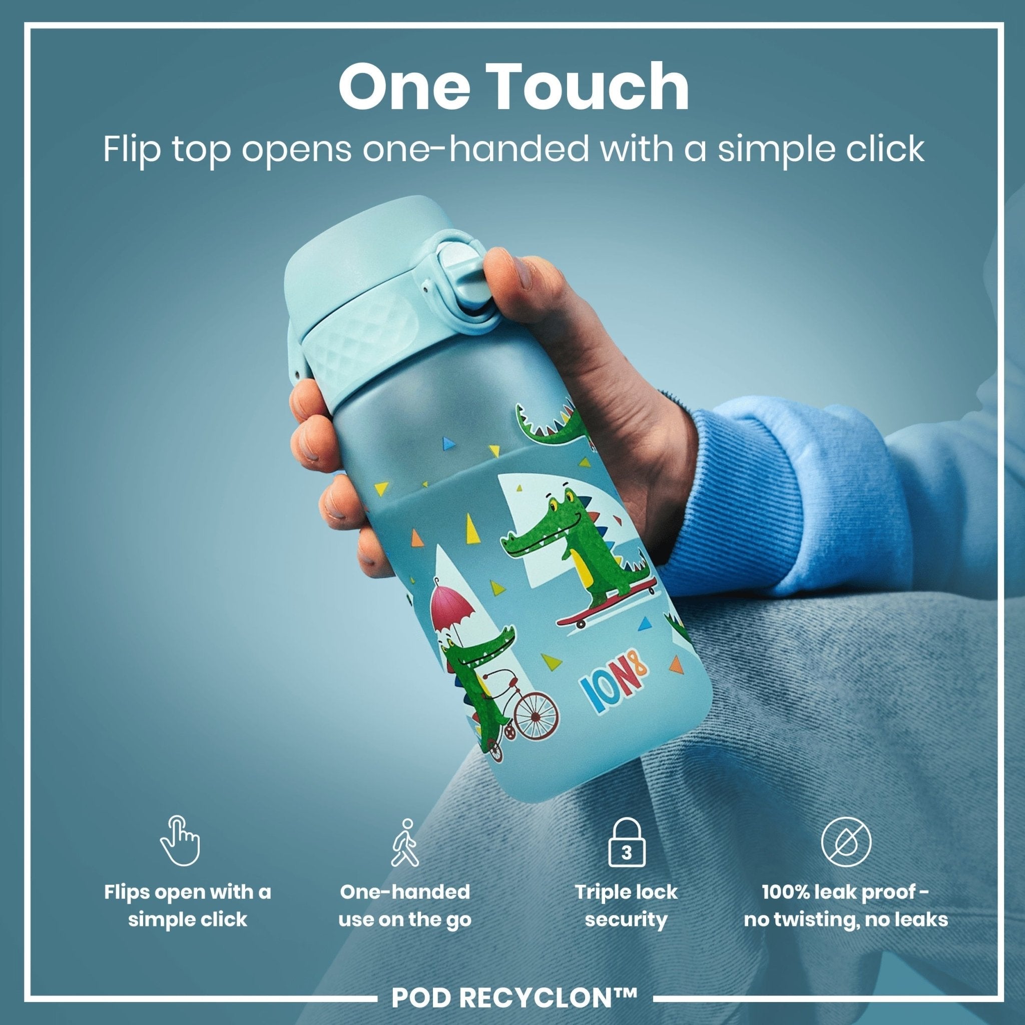 ION8 Recyclon leak-proof kids water bottle with crocodile design, 350ml capacity, made of durable, recyclable material.