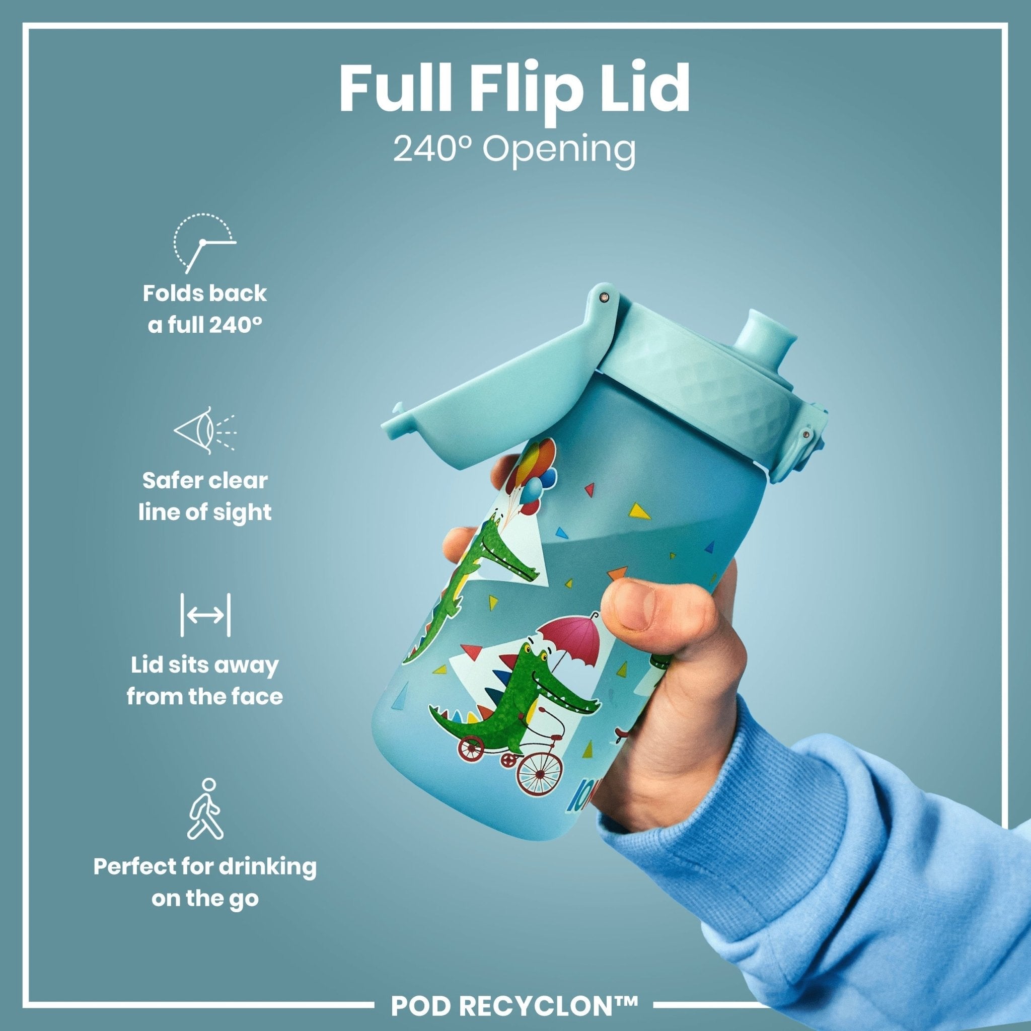 Ion8 Leak Proof Kids Water Bottle with crocodile design, 350ml recyclable Recyclon water bottle for children