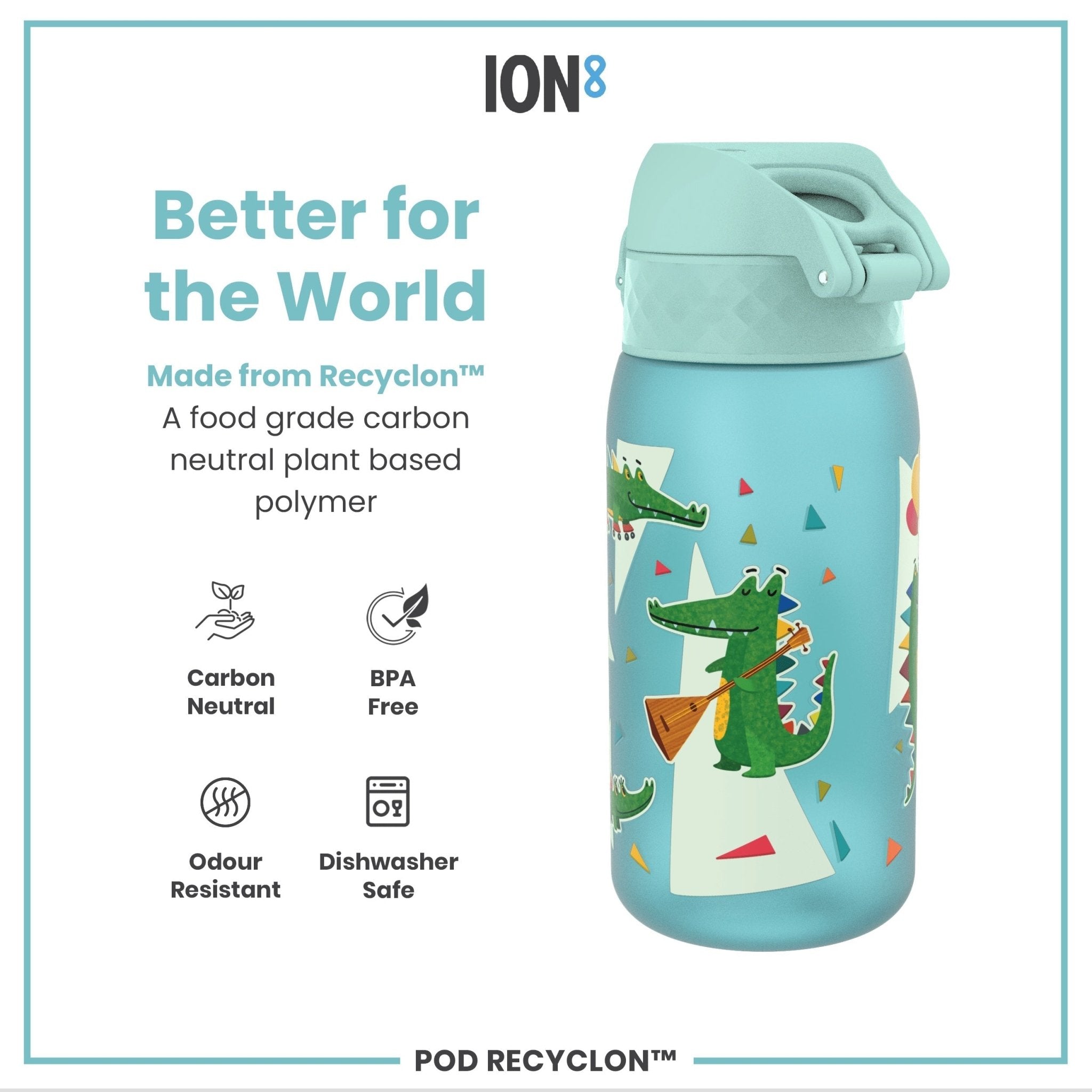 Ion8 Leak Proof Kids Water Bottle with crocodile design, 350ml Recyclon water bottle for children, durable and recyclable.
