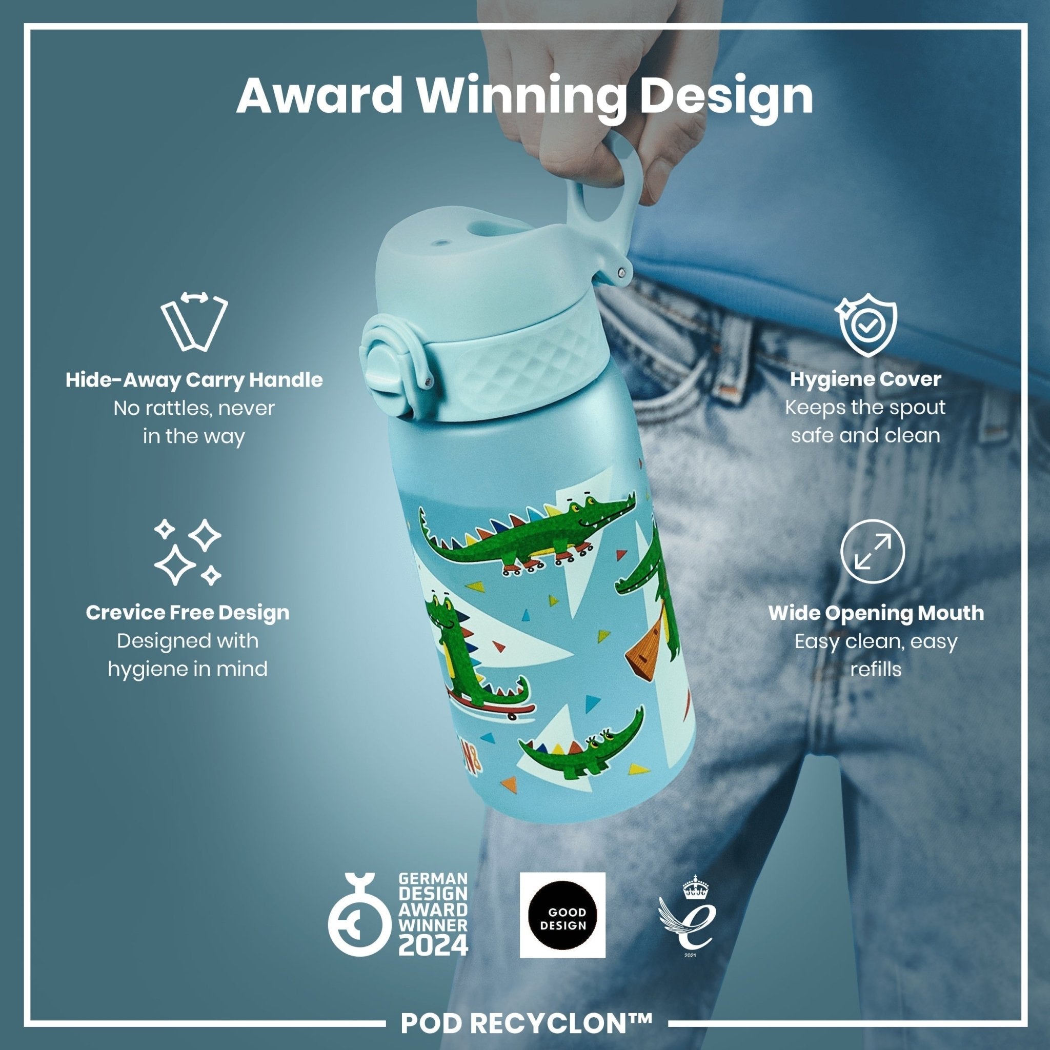 ION8 Recyclon leak-proof kids water bottle with crocodile design, 350ml (12oz) capacity, made for easy drinking and durability.