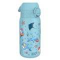 ION8 stainless steel kids water bottle featuring a shark design, leak-proof, 400ml capacity, suitable for children.