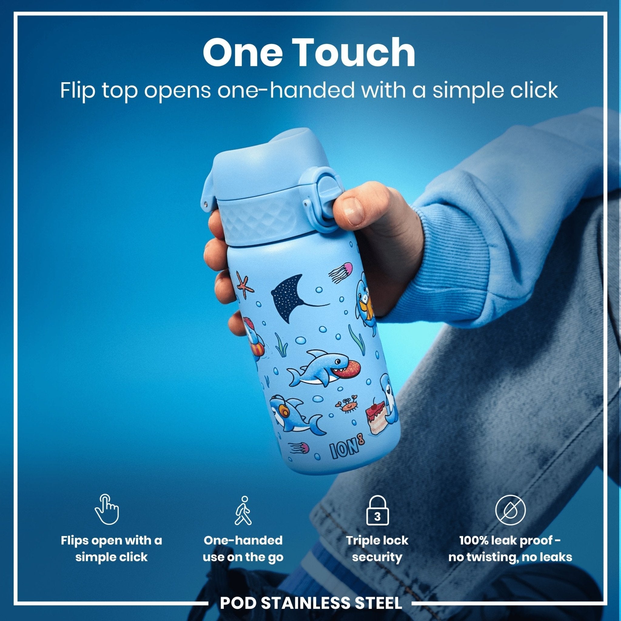Stainless steel leak-proof kids water bottle with shark design, 400ml capacity, ION8 brand, featuring a secure lid and colorful shark graphics.