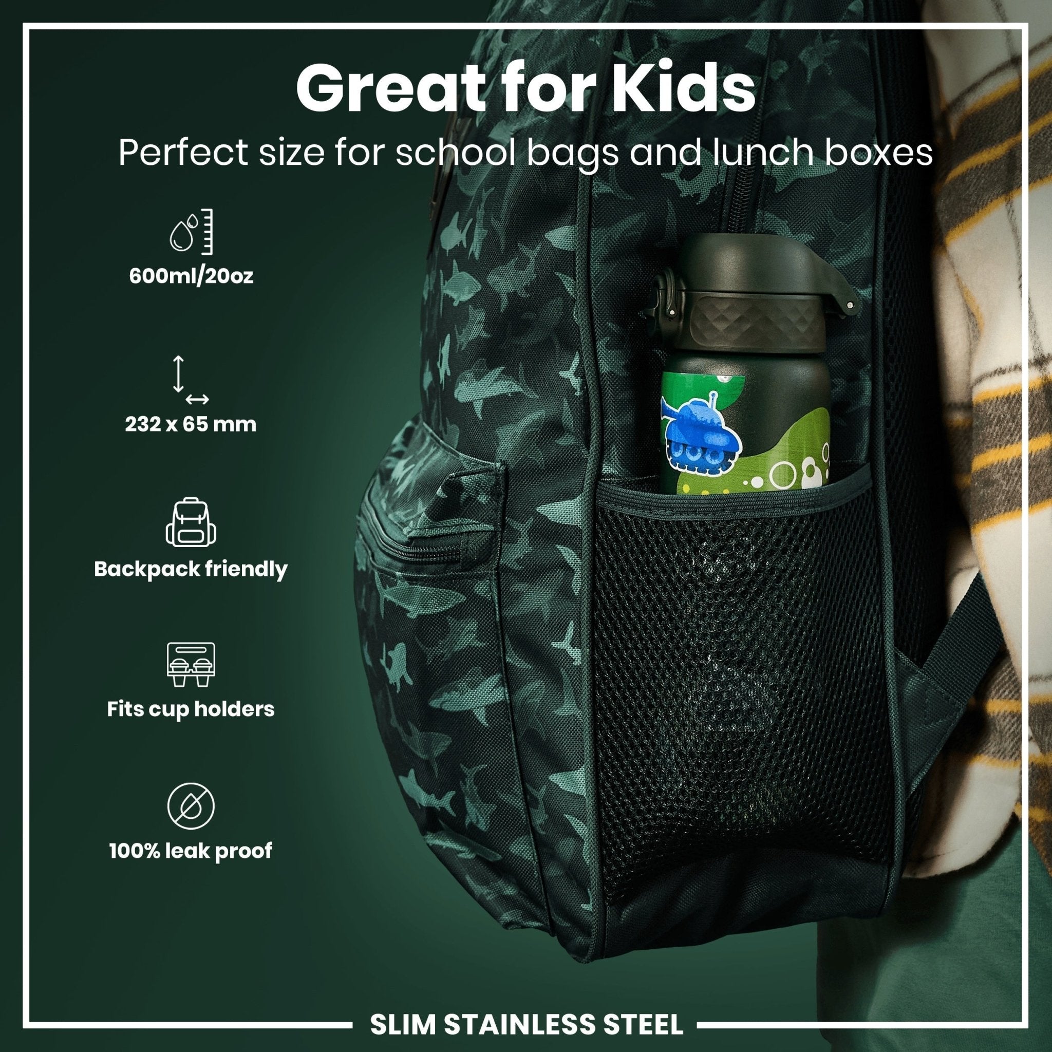 Ion8 leak-proof slim stainless steel water bottle, 600ml (20oz), designed for easy hydration and durable use.