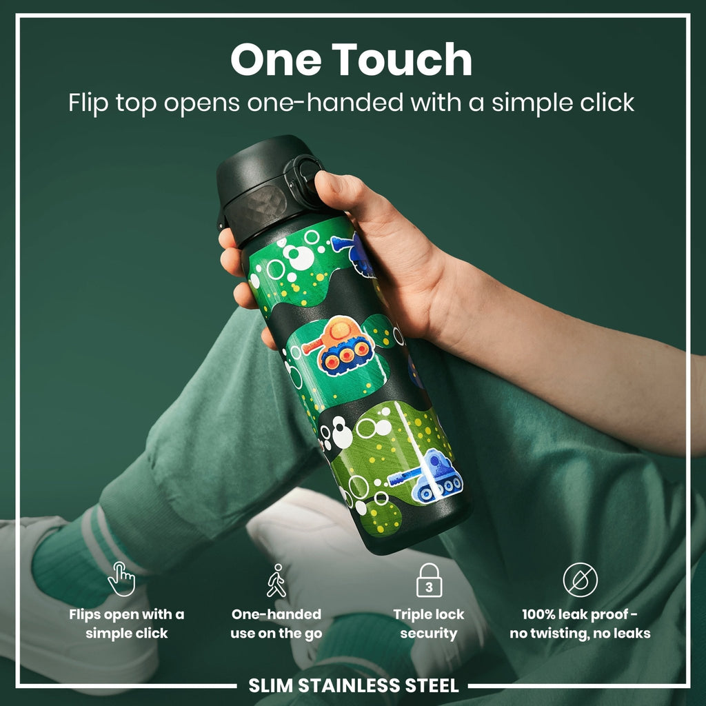 Ion8 leak-proof slim stainless steel water bottle, 600ml (20oz), shown with a sleek design and secure lid.