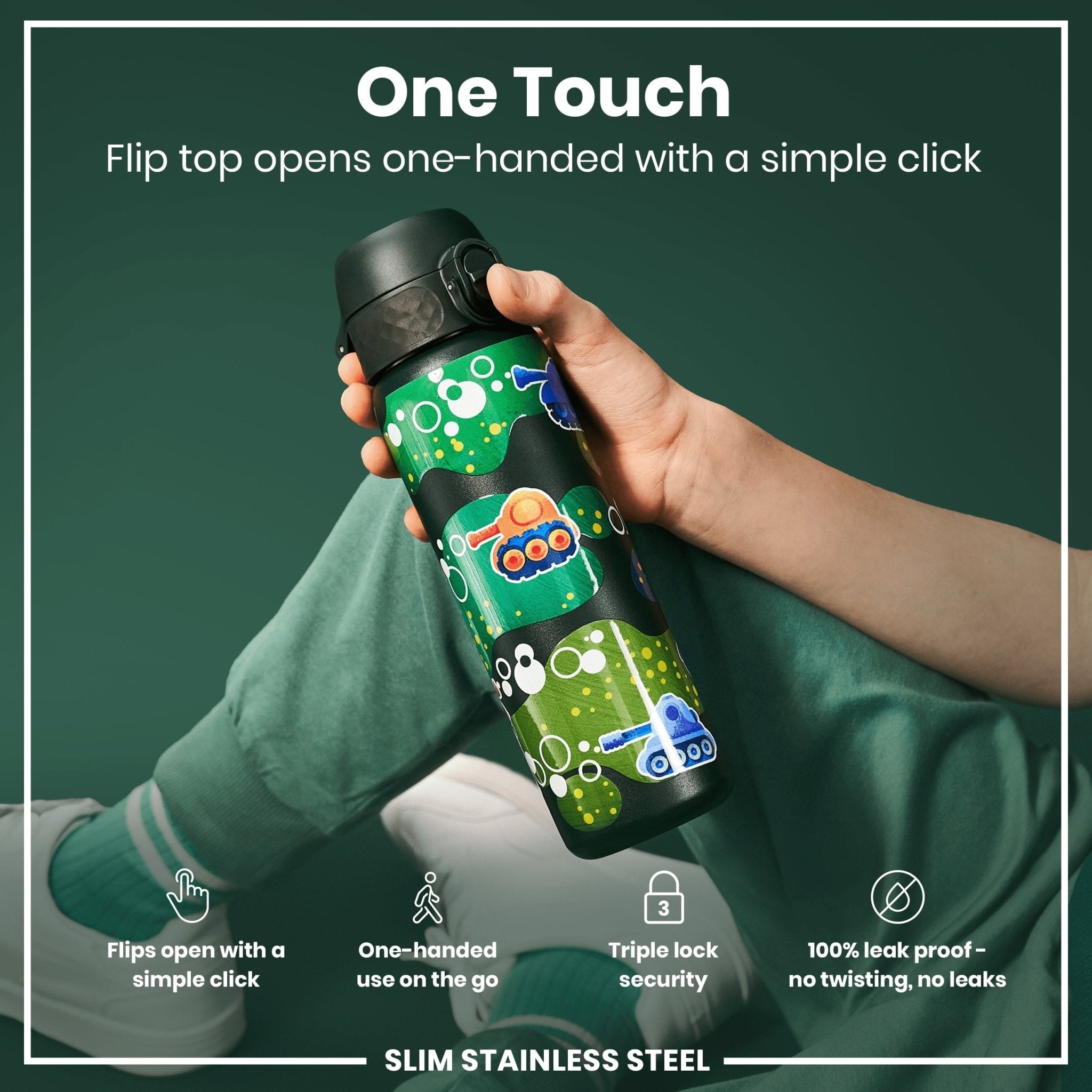 Ion8 leak-proof slim stainless steel water bottle, 600ml (20oz), shown with a sleek design and secure lid.