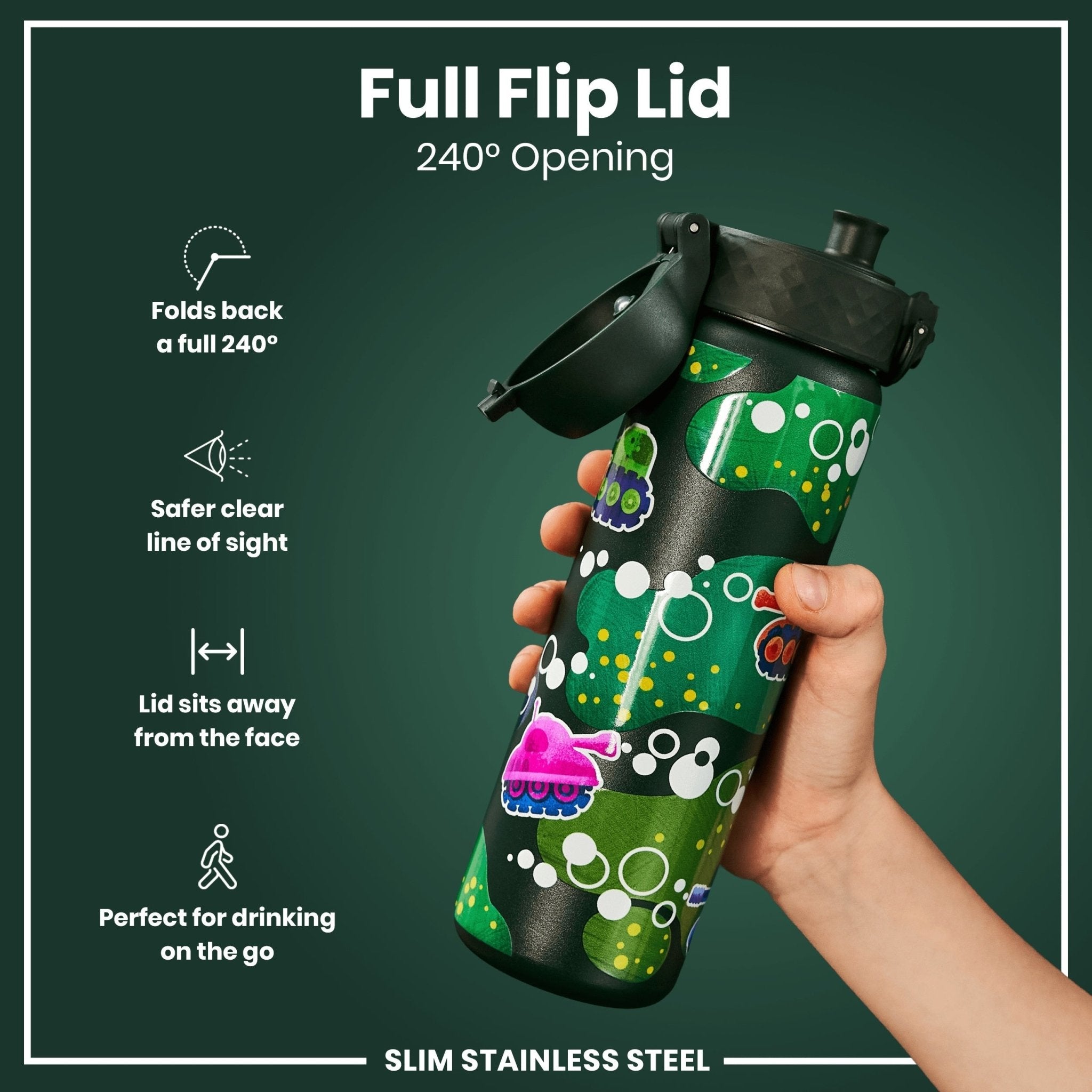 ION8 stainless steel leak-proof slim water bottle, 600ml (20oz), durable and portable for everyday hydration.