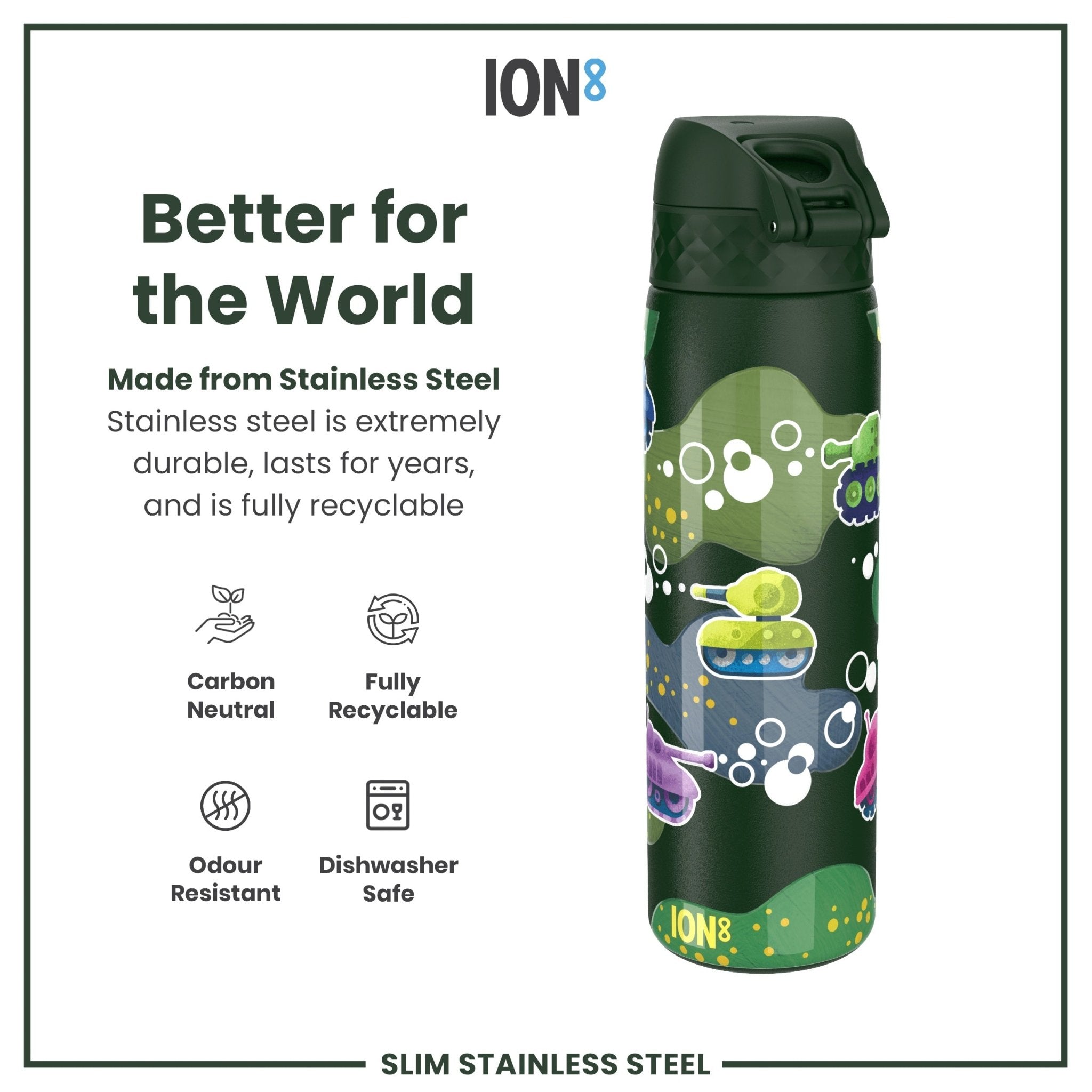 Ion8 stainless steel leak-proof slim water bottle, 600ml (20oz), with a sleek design and secure lid for hydration on the go.