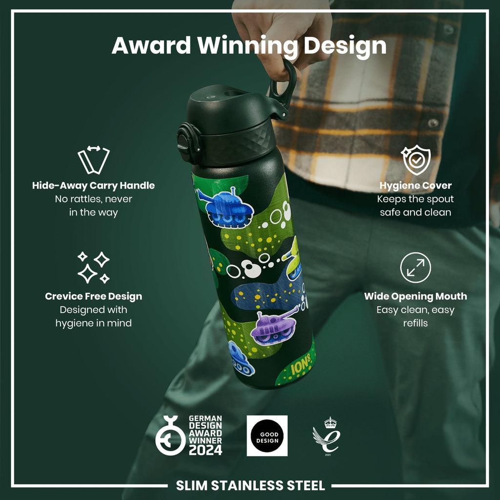Ion8 stainless steel leak-proof slim water bottle with 600ml capacity, featuring a sleek design and secure lid.