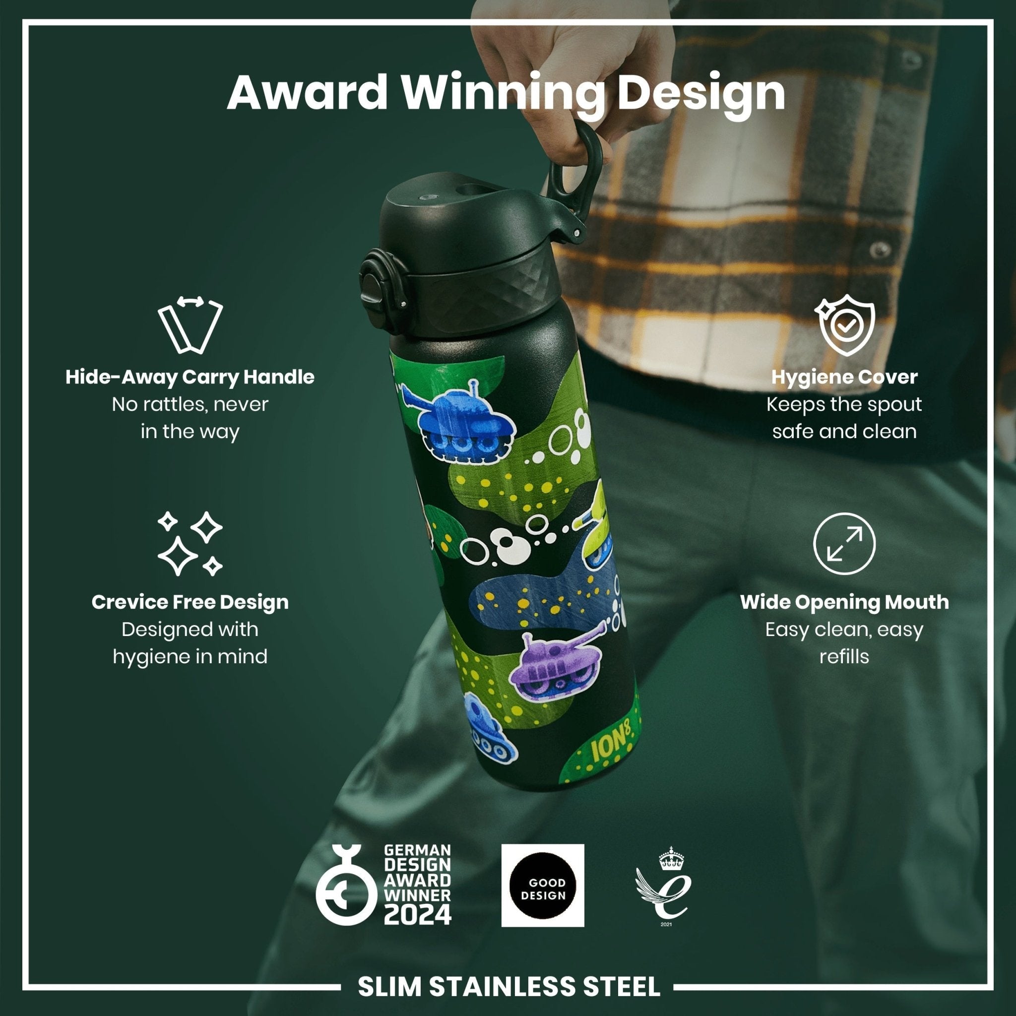 Ion8 stainless steel leak-proof slim water bottle with 600ml capacity, featuring a sleek design and secure lid.