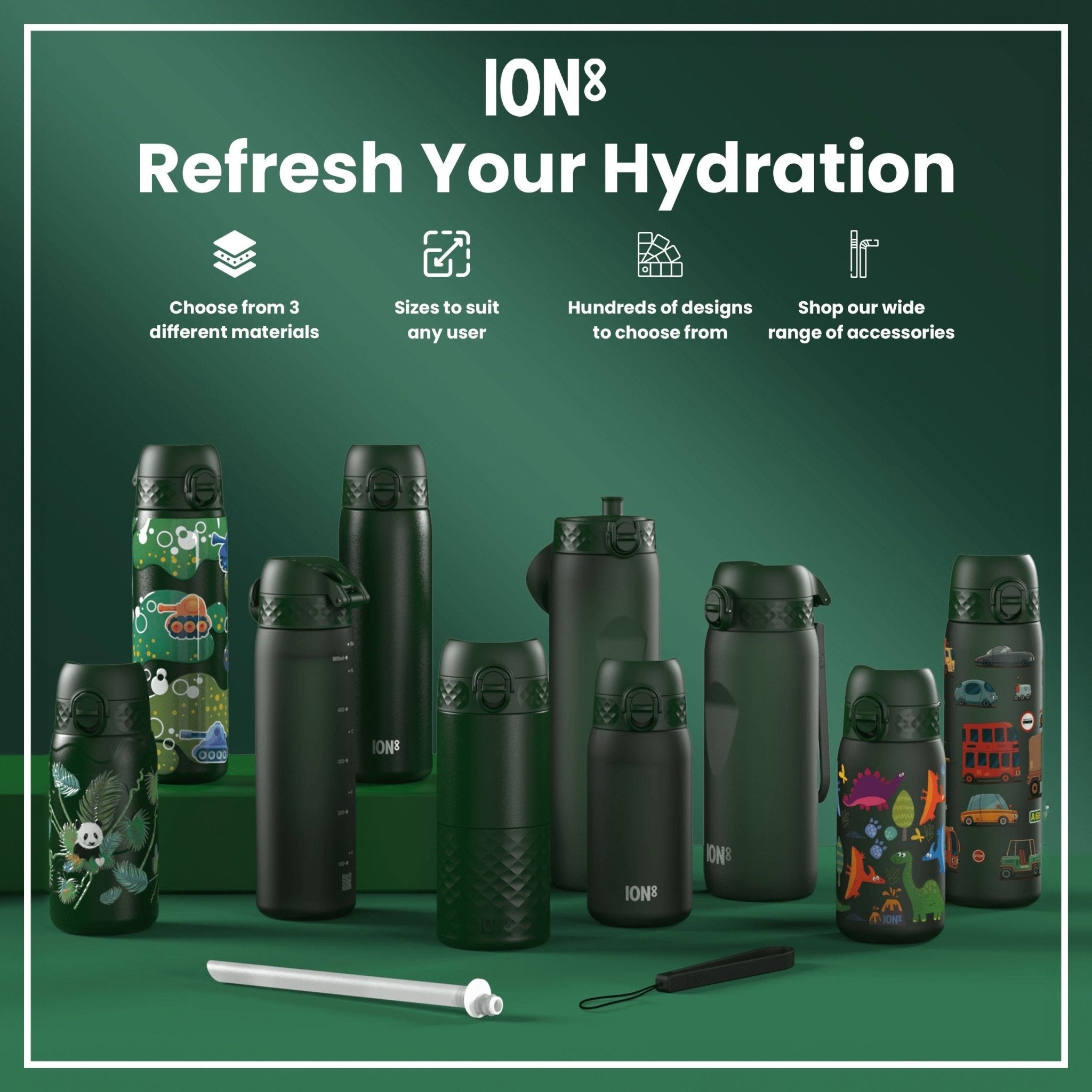 ION8 stainless steel leak-proof slim water bottle, 600ml (20oz) tank, durable and portable for hydration on the go.