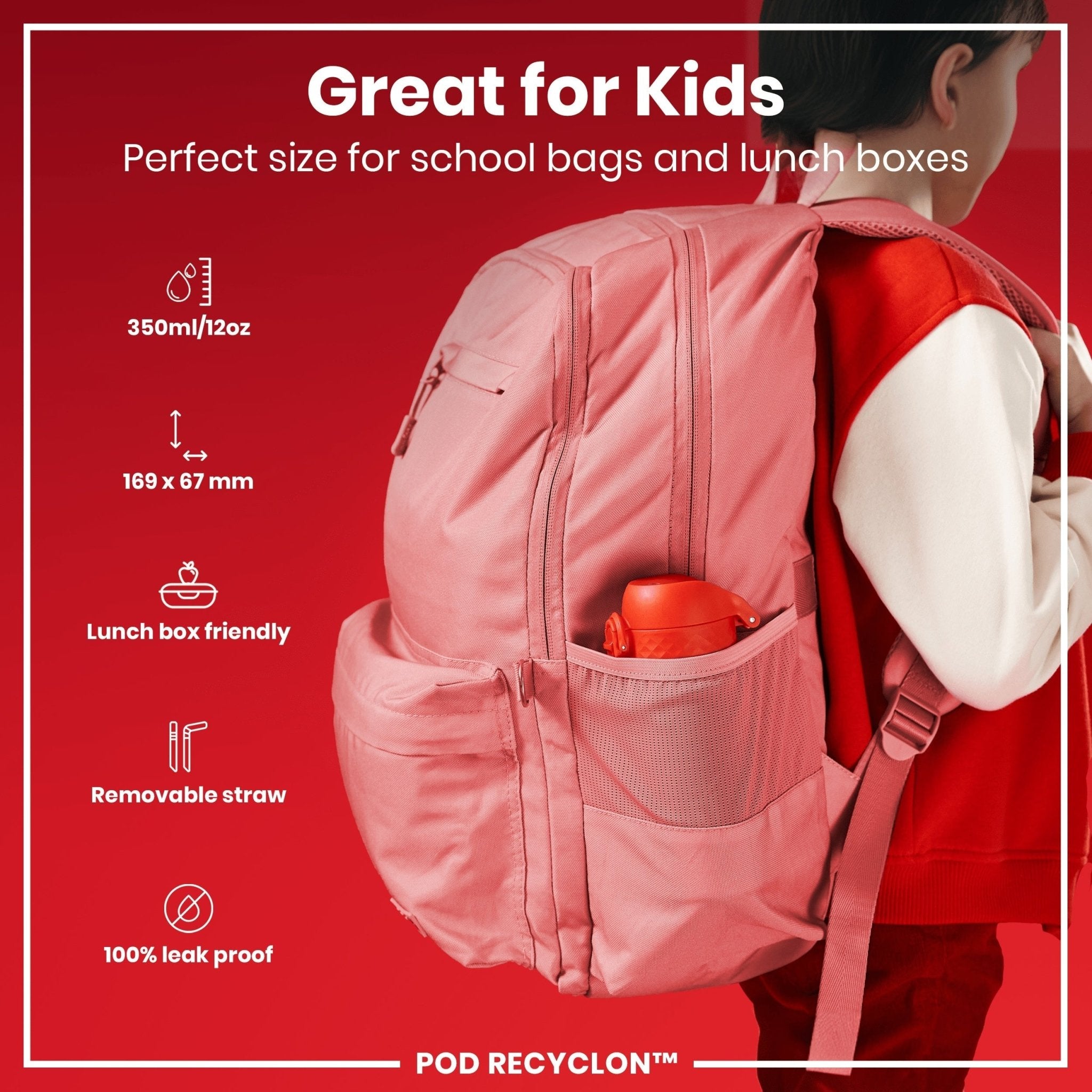 Red ION8 Recyclon leak-proof small water bottle with straw, 350ml (12oz), designed for easy sipping and portability.