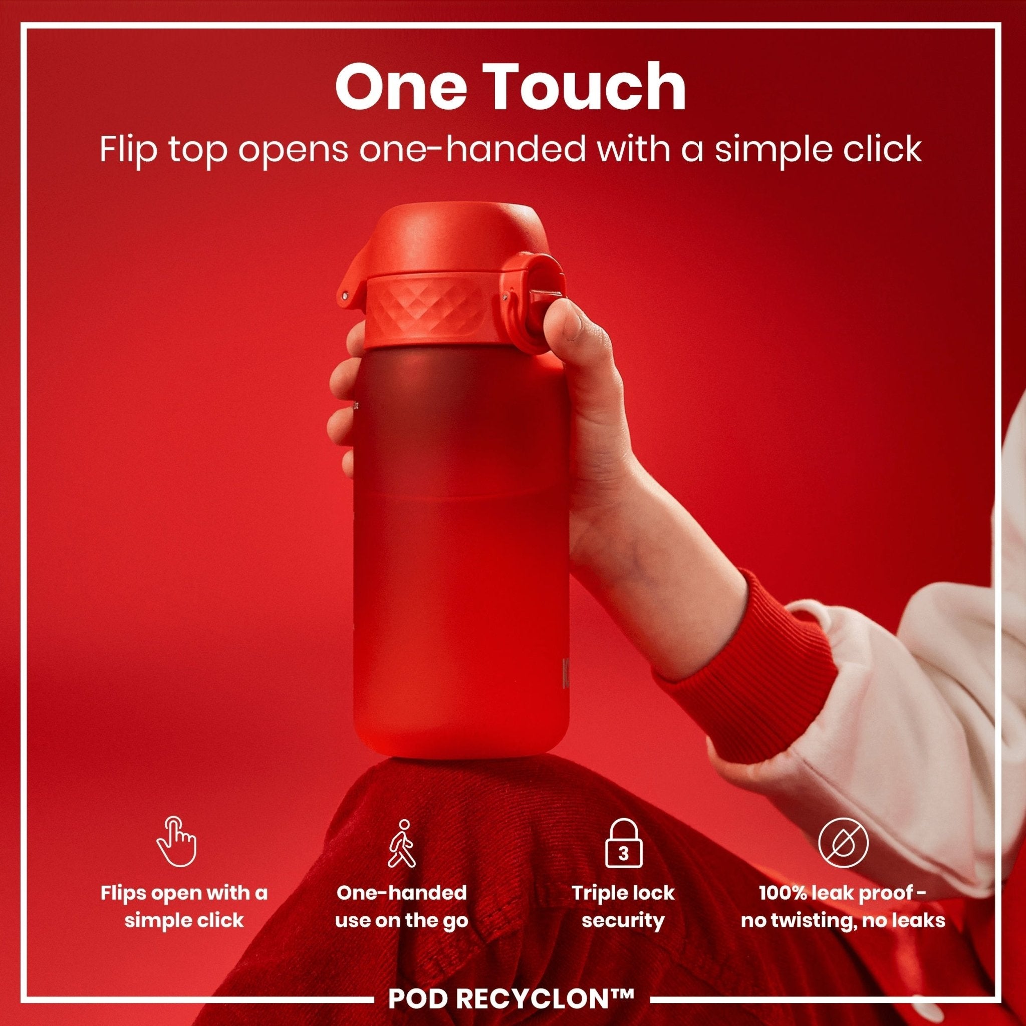 Red ION8 Recyclon leak-proof small water bottle with straw, 350ml (12oz), showing the bottle's compact design and spill-proof lid.