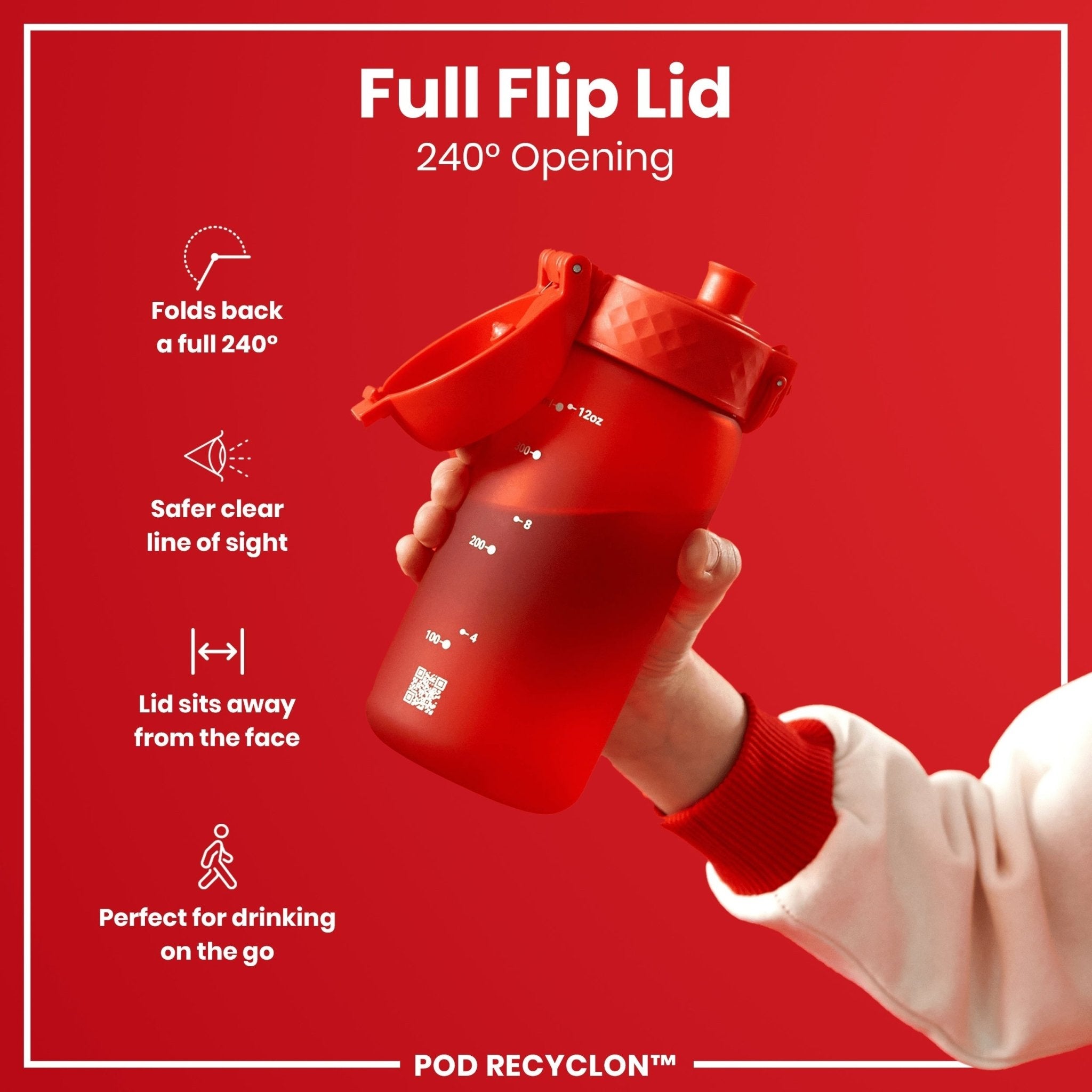 Red ION8 Recyclon small water bottle with straw, leak-proof design, 350ml (12oz) for on-the-go hydration.