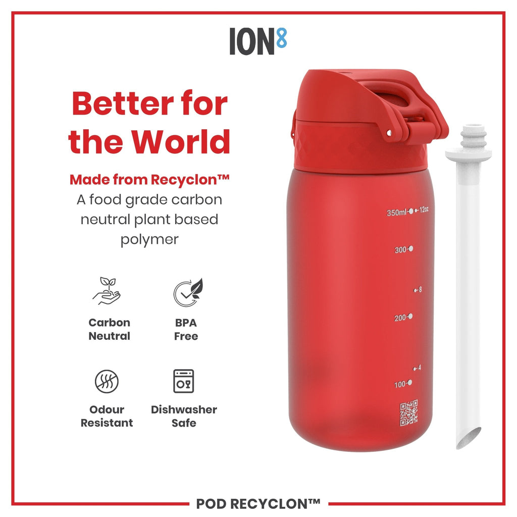 Red ION8 Recyclon leak-proof small water bottle with straw, 350ml (12oz), shown with a clear view of the bottle and straw.