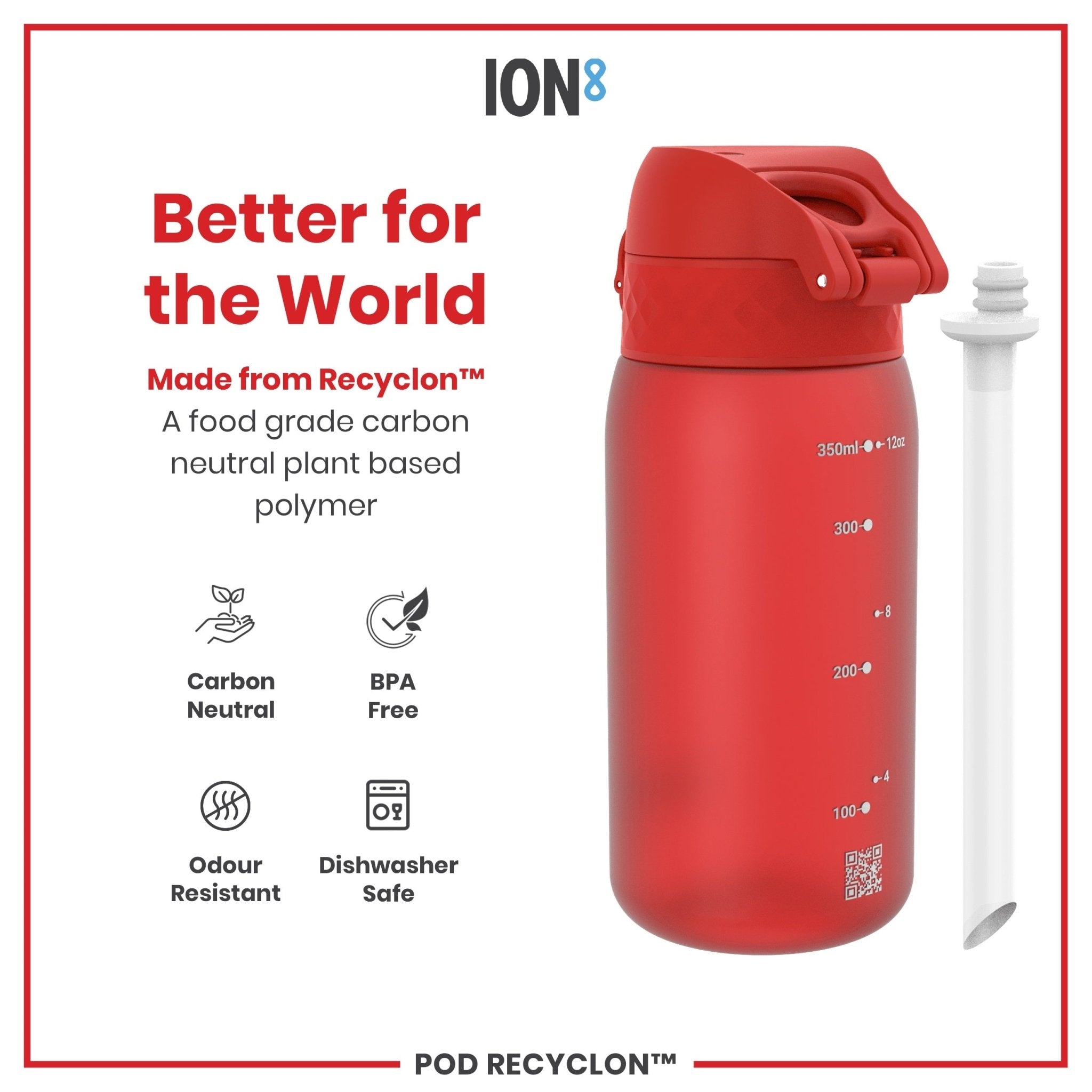 Red ION8 Recyclon leak-proof small water bottle with straw, 350ml (12oz), shown with a clear view of the bottle and straw.
