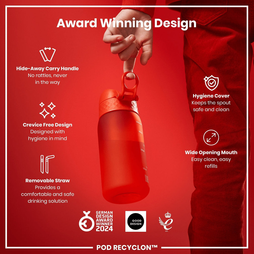 Red ION8 Recyclon leak-proof small water bottle with straw, 350ml (12oz) for easy hydration and reusable drinking.