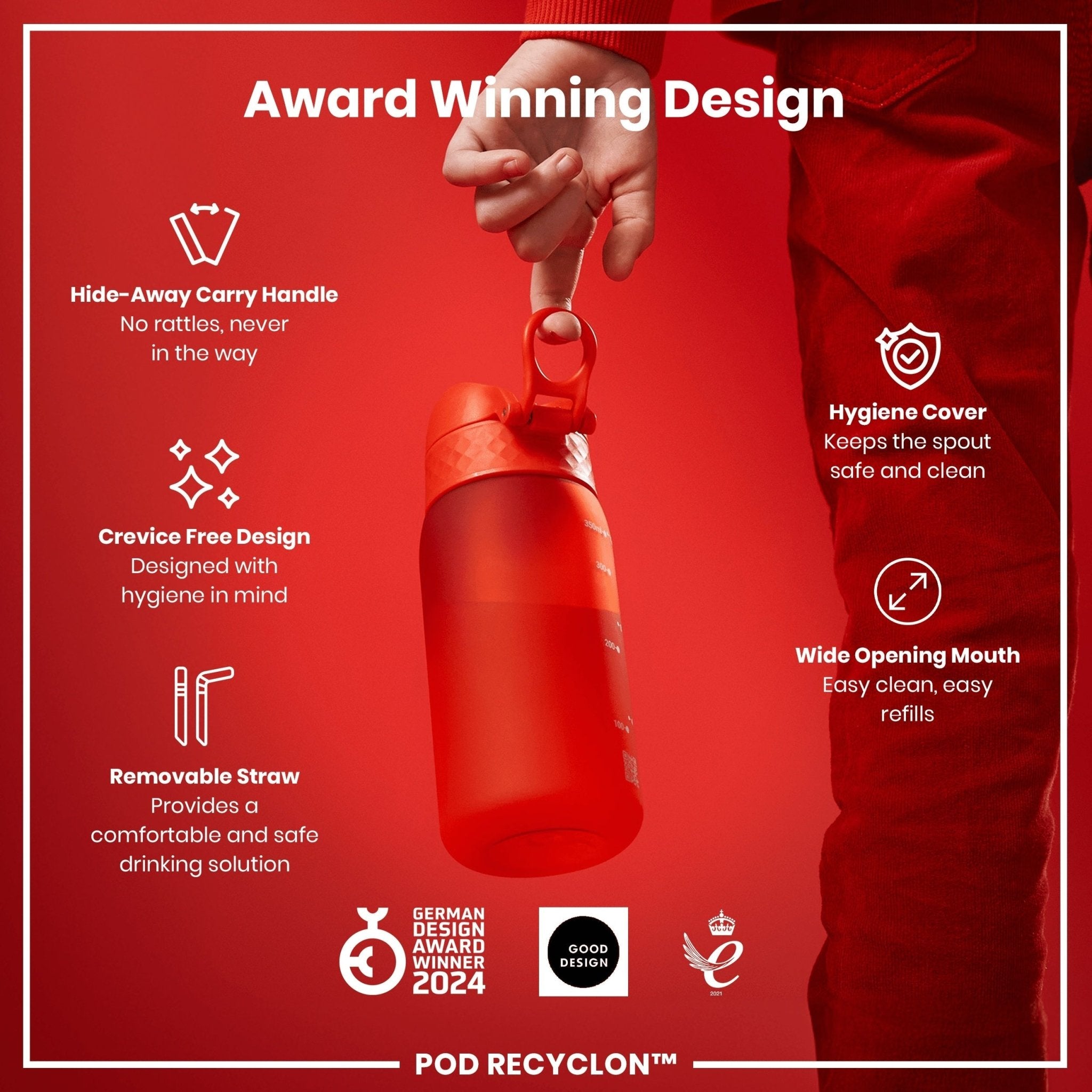 Red ION8 Recyclon leak-proof small water bottle with straw, 350ml (12oz) for easy hydration and reusable drinking.