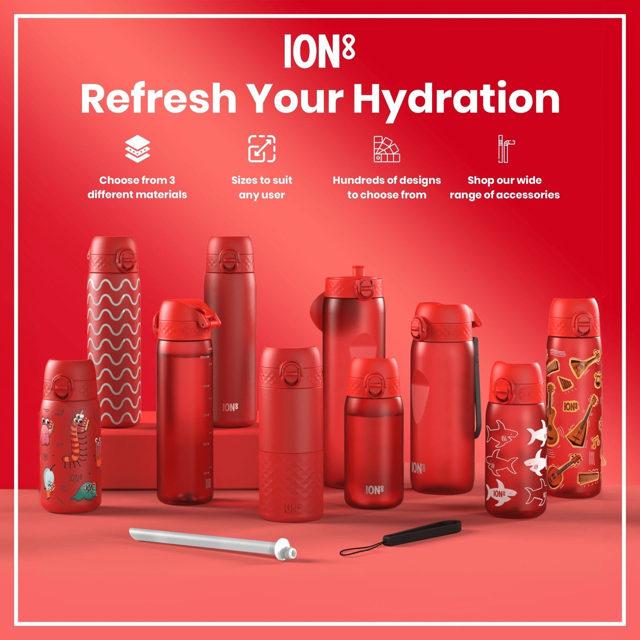Red ION8 Recyclon leak-proof small water bottle with straw, 350ml (12oz), durable and portable for on-the-go hydration.