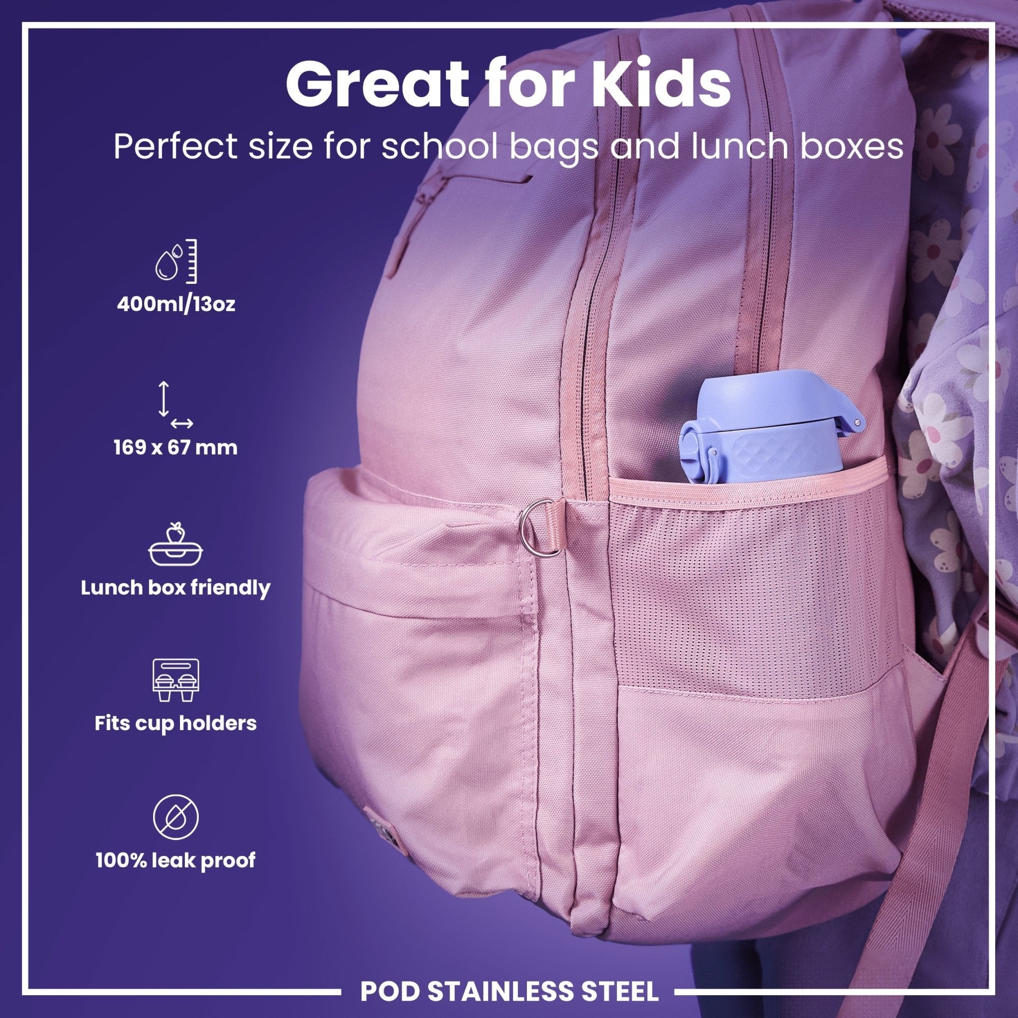 Light purple ION8 stainless steel leak-proof kids water bottle, 400ml capacity, with a secure lid and durable design.
