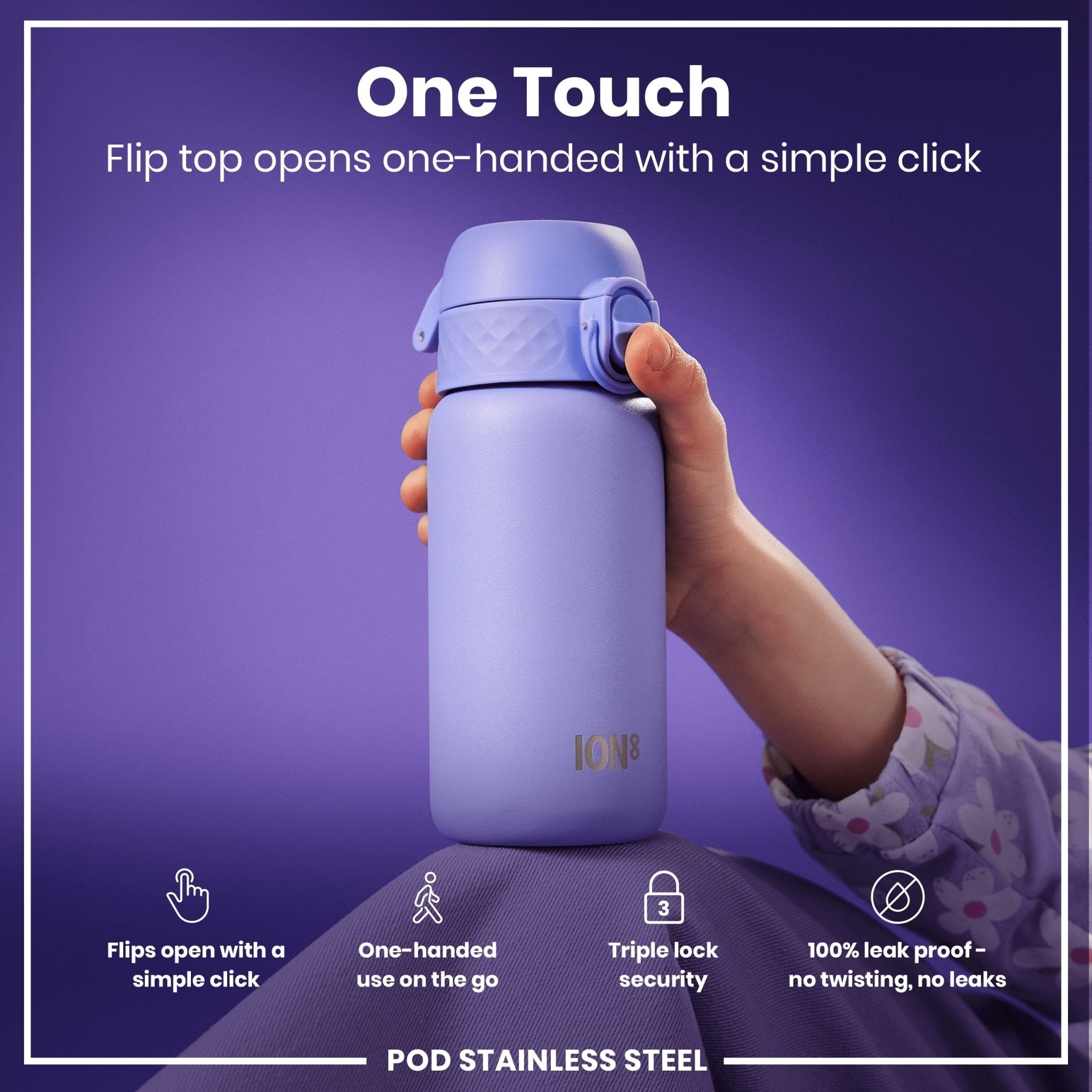 Light purple stainless steel leak-proof kids water bottle by ION8, 400ml capacity, durable and portable.