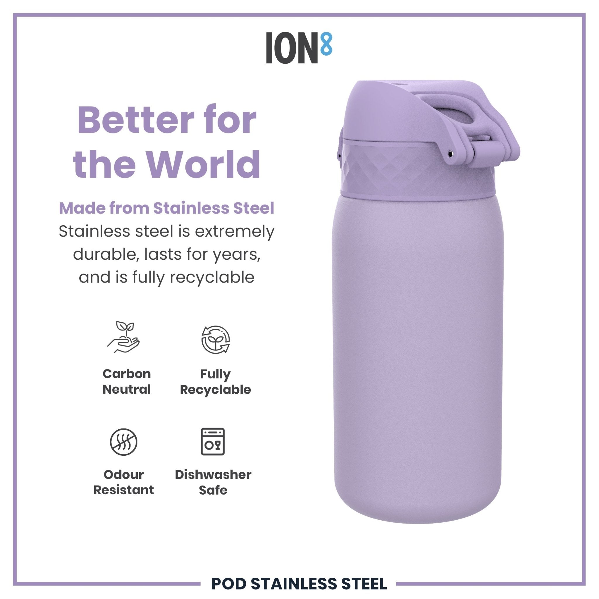 Light purple ION8 leak-proof stainless steel kids water bottle, 400ml (13oz), with a secure lid and durable design.