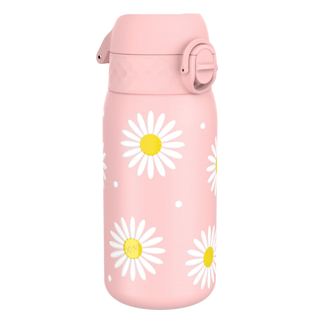 Ion8 stainless steel leak-proof kids water bottle with daisy design, 400ml (13oz) capacity, featuring a secure lid and colorful floral pattern.
