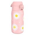 Ion8 stainless steel leak-proof kids water bottle with daisy design, 400ml (13oz) capacity, featuring a secure lid and colorful floral pattern.