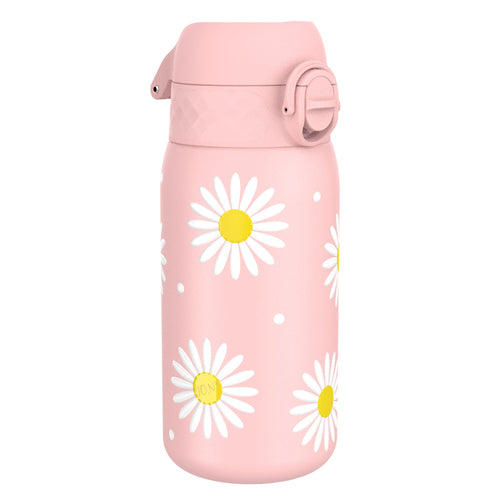 Ion8 stainless steel leak-proof kids water bottle with daisy design, 400ml (13oz) capacity, featuring a secure lid and colorful floral pattern.