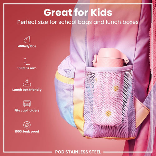 Stainless steel leak-proof kids water bottle with daisy design, 400ml (13oz), ION8 brand, showing the colorful bottle with lid.